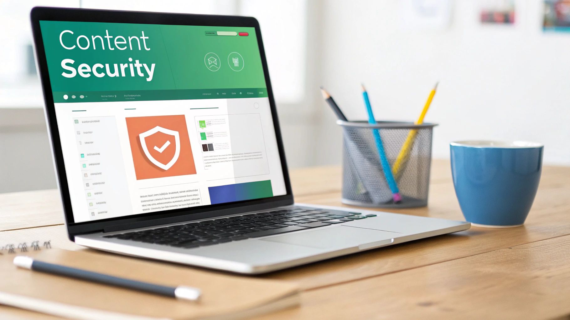 A laptop on a wooden desk displays 'Content Security' with a shield icon, next to a pencil holder and a blue cup.