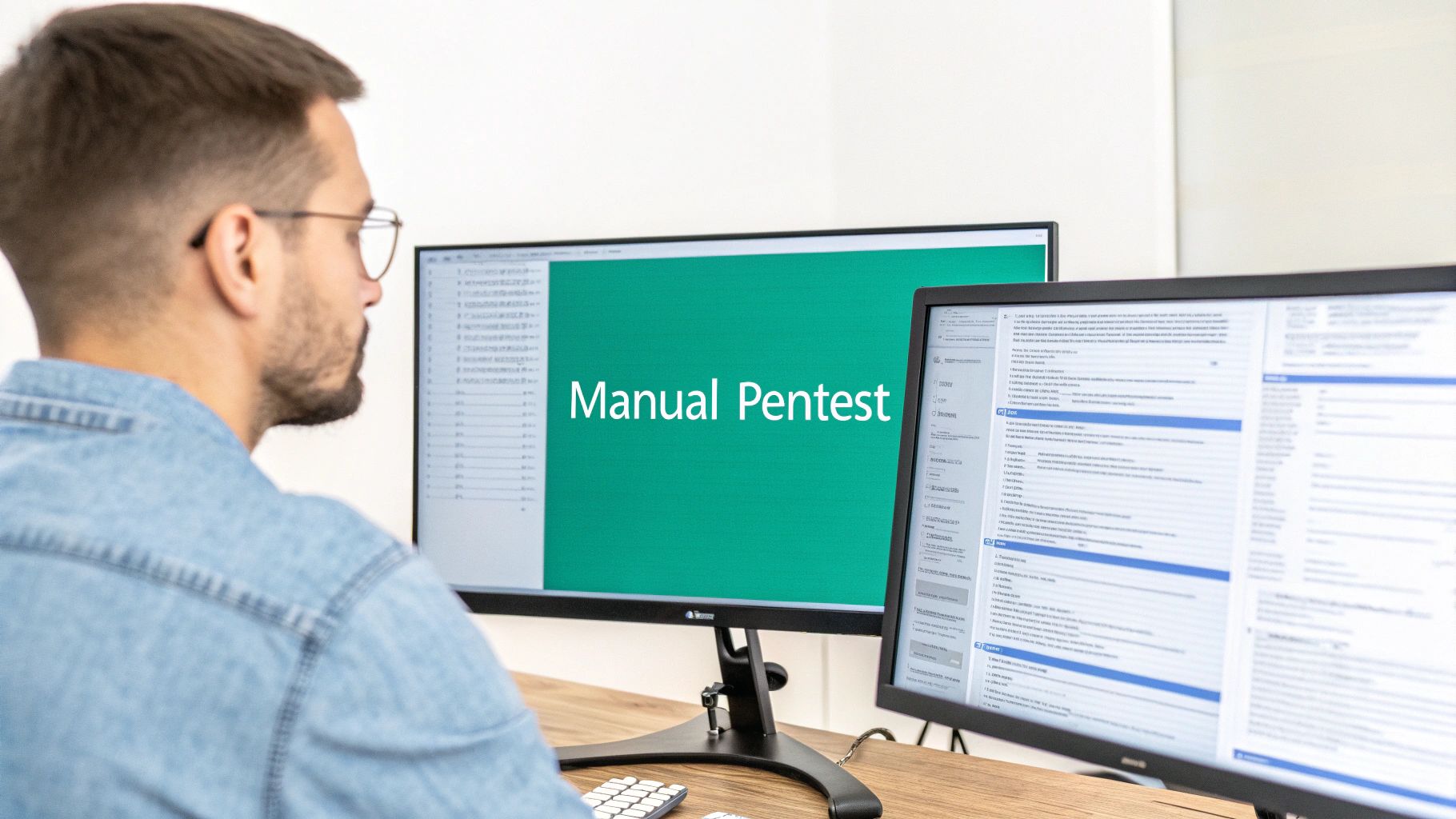 A man in glasses works on a manual pentest, looking at two computer monitors displaying technical data.