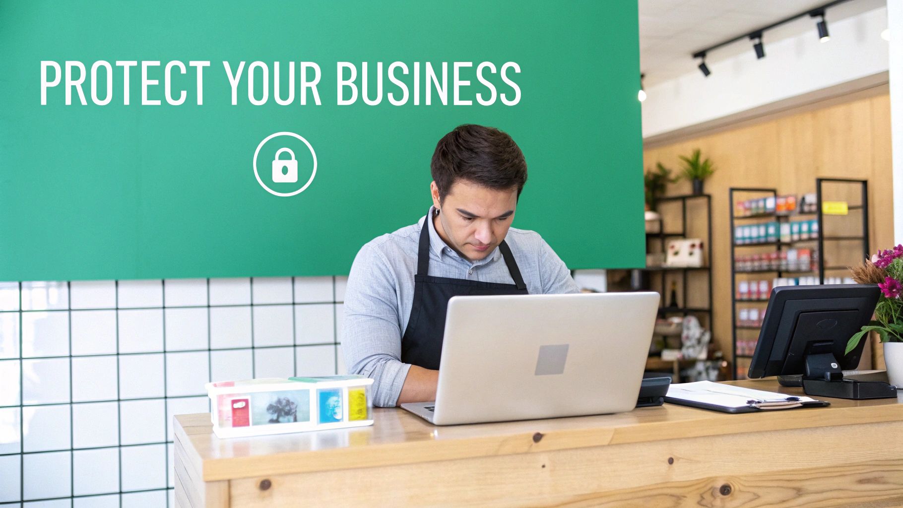 A small business owner works on a laptop with a sign reading 'PROTECT YOUR BUSINESS' and a security padlock.