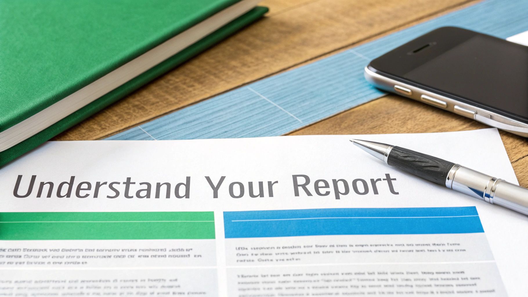 A pen rests on a document titled 'Understand Your Report' next to a green book and smartphone.