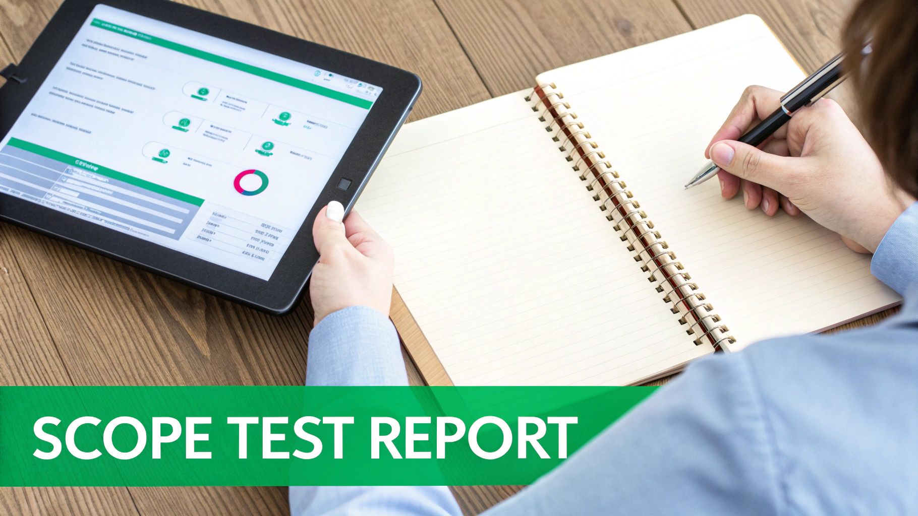 A person reviewing a digital report on a tablet while taking notes in a notebook on a wooden desk.