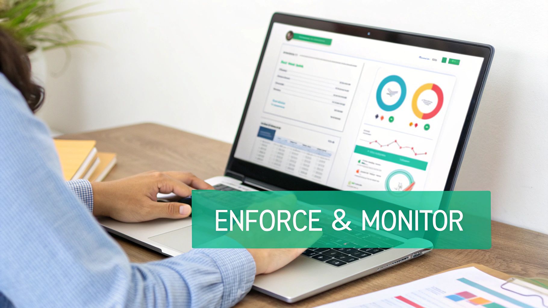 Person using a laptop displaying a data dashboard with charts and graphs, with 'ENFORCE & MONITOR' text.
