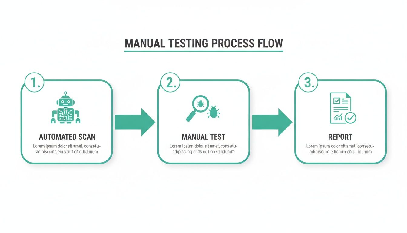 A flowchart outlining the three steps of a manual testing process: automated scan, manual test, and report.