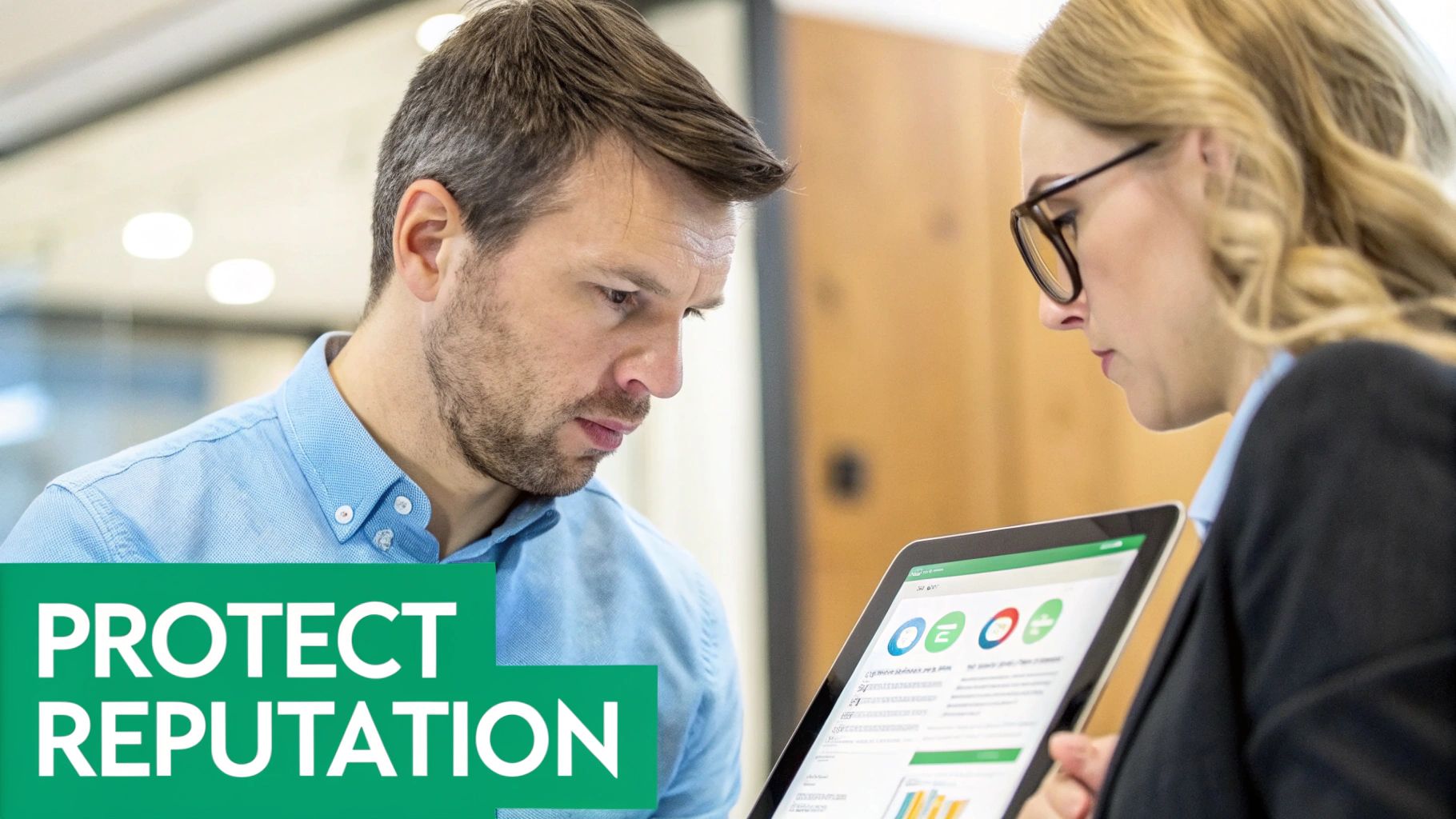 Two business professionals analyzing data on a tablet, with 'PROTECT REPUTATION' text overlay.