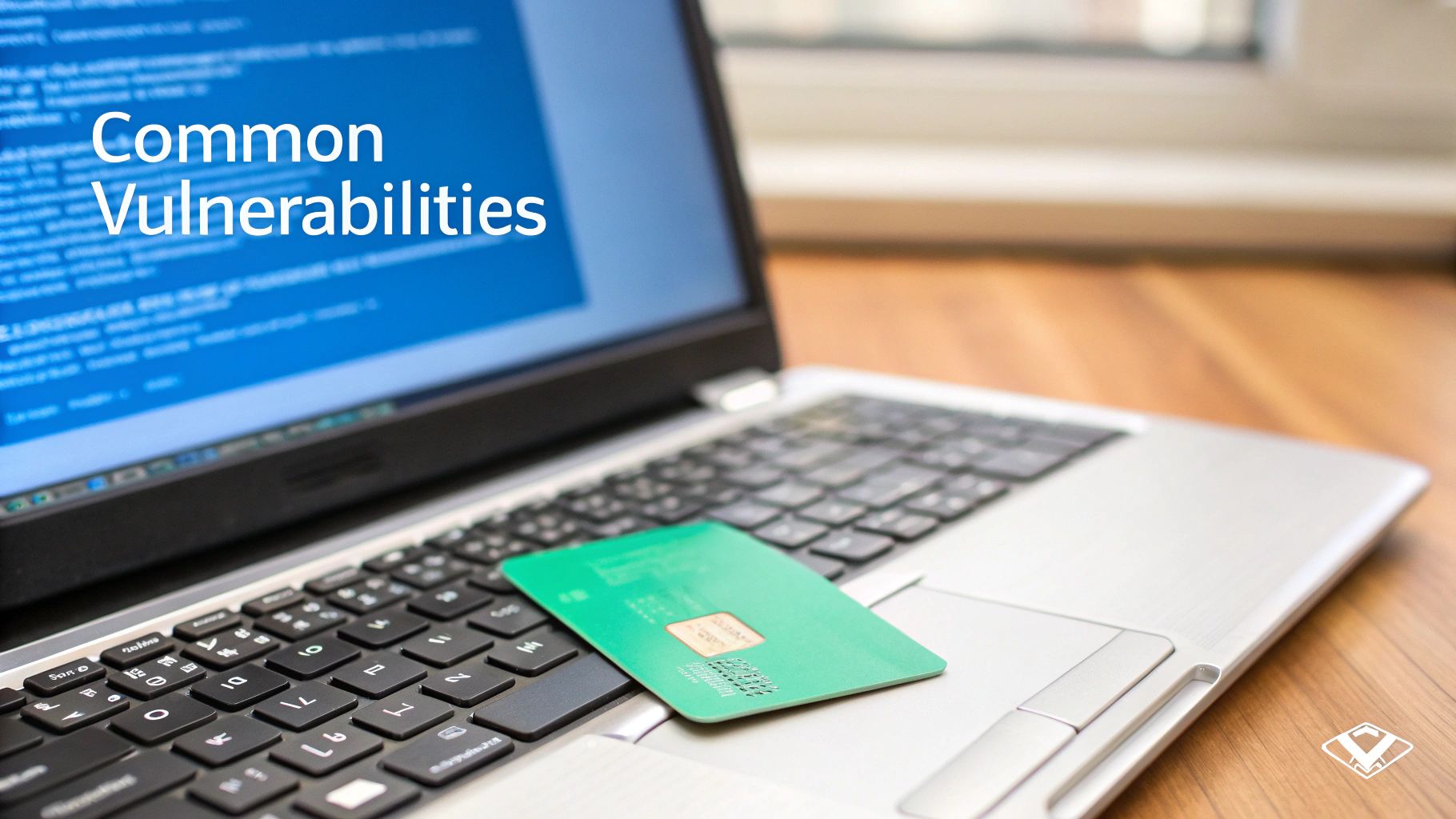 Laptop displaying 'Common Vulnerabilities' code with a green credit card on the keyboard.