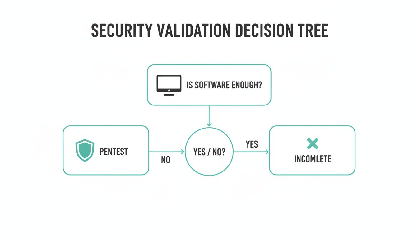 Flow chart for security validation decision process, asking if software is enough and suggesting pentest.
