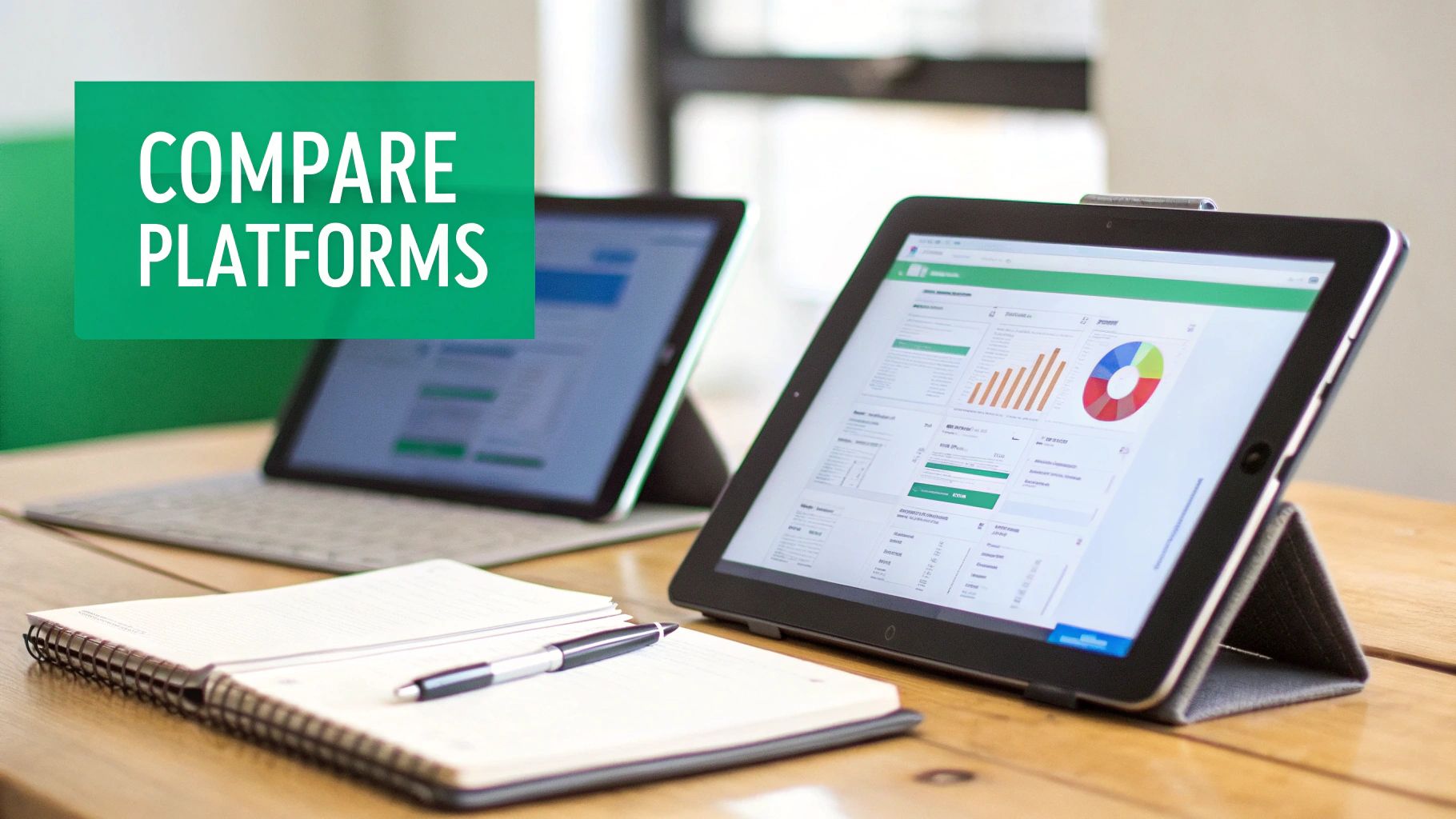 Two tablets on a wooden desk, one displaying data charts, with a notebook and pen. Text overlay reads 'COMPARE PLATFORMS'.