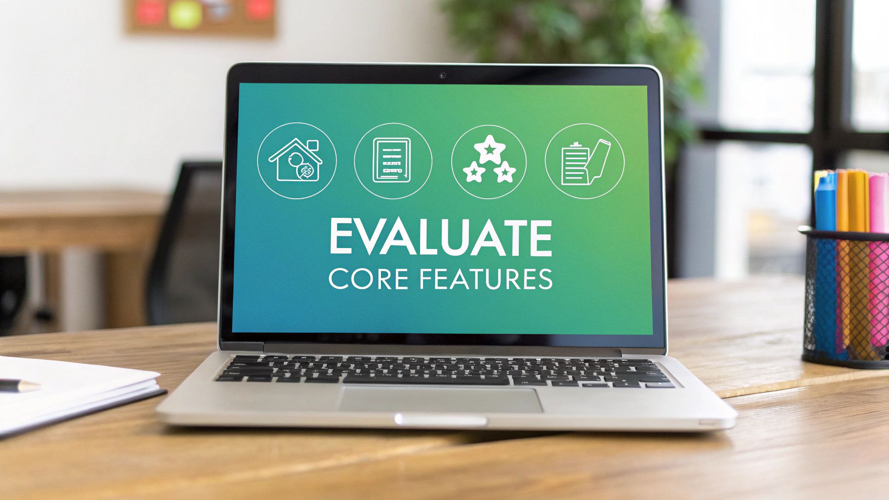 A laptop screen showing 'Evaluate Core Features' with icons for property, documents, and ratings, on a wooden desk with office supplies.