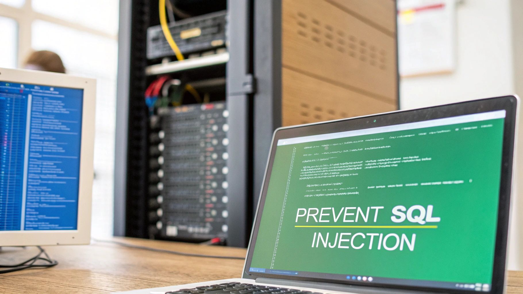 A laptop displays 'PREVENT SQL INJECTION' text and code, with server racks and another monitor in an IT environment.