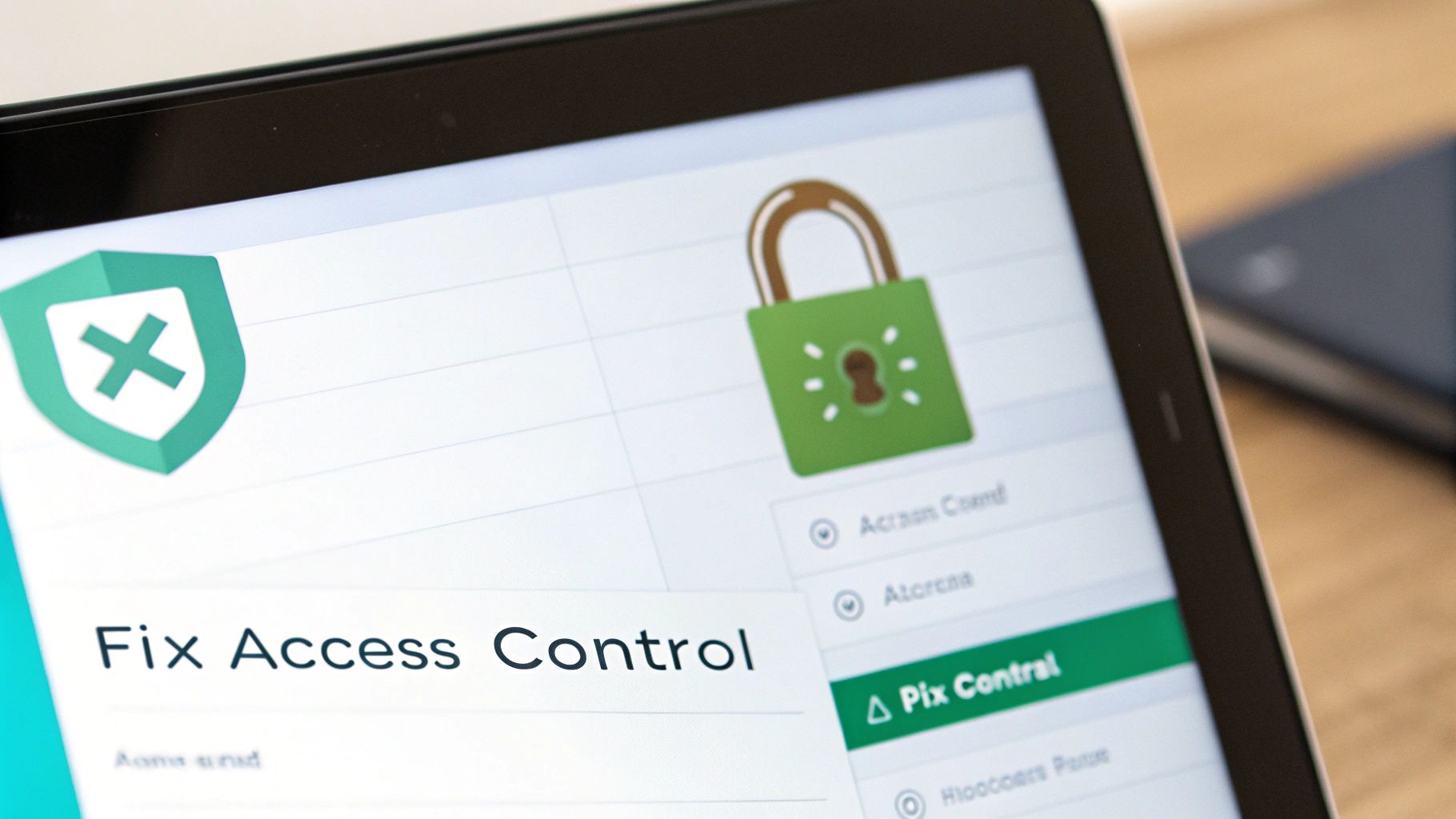 A tablet screen displays a security interface with 'Fix Access Control' text, a shield with an X, and a glowing green padlock.