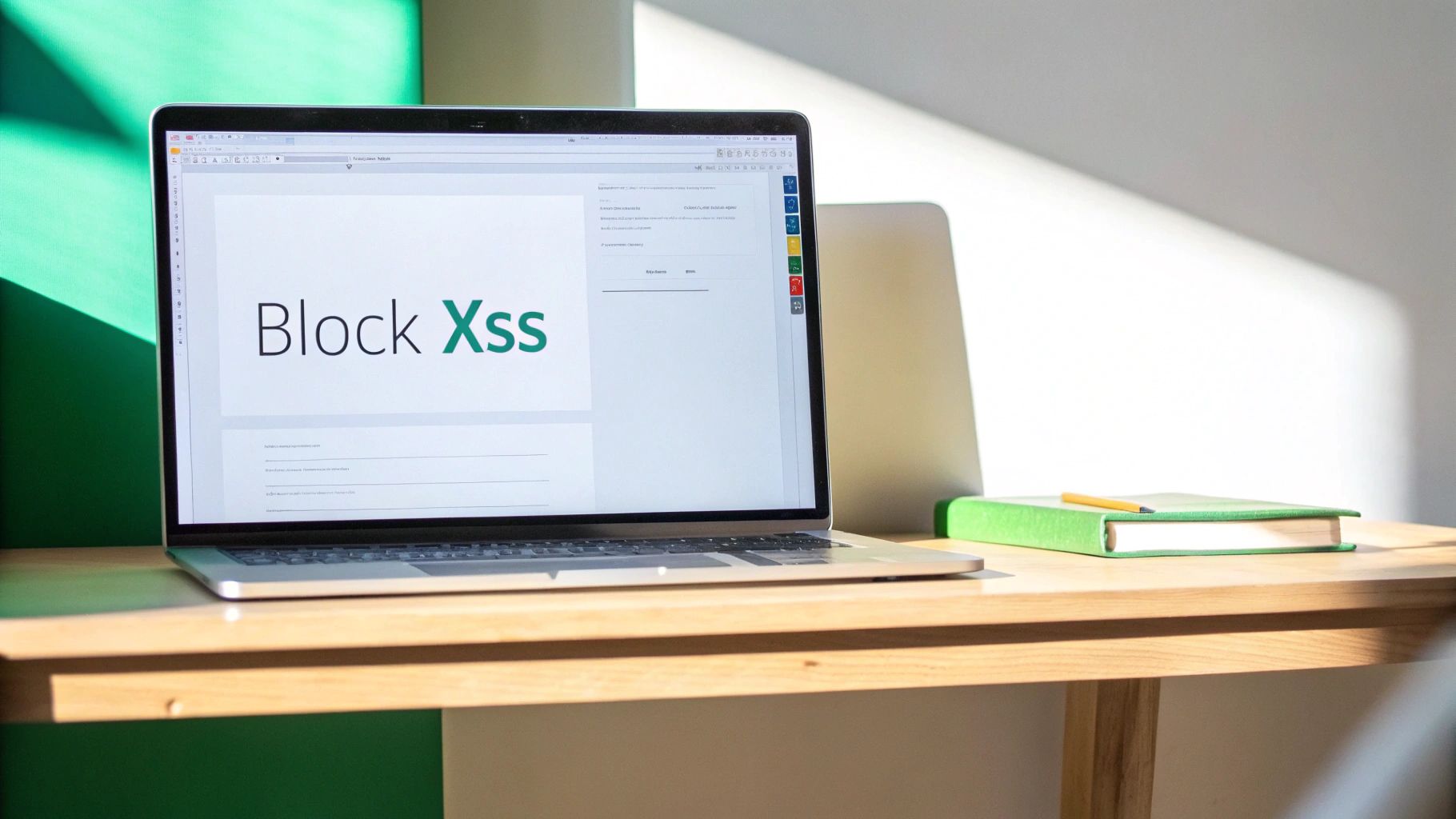 Laptop displaying 'Block Xss' software on a wooden desk, symbolizing web security.