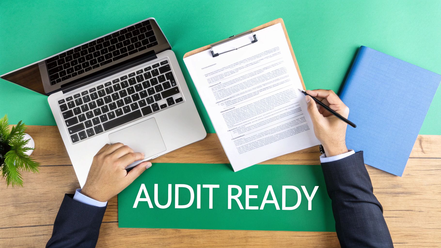 Overhead view of a businessman working on documents and a laptop, with an 'AUDIT READY' sign.