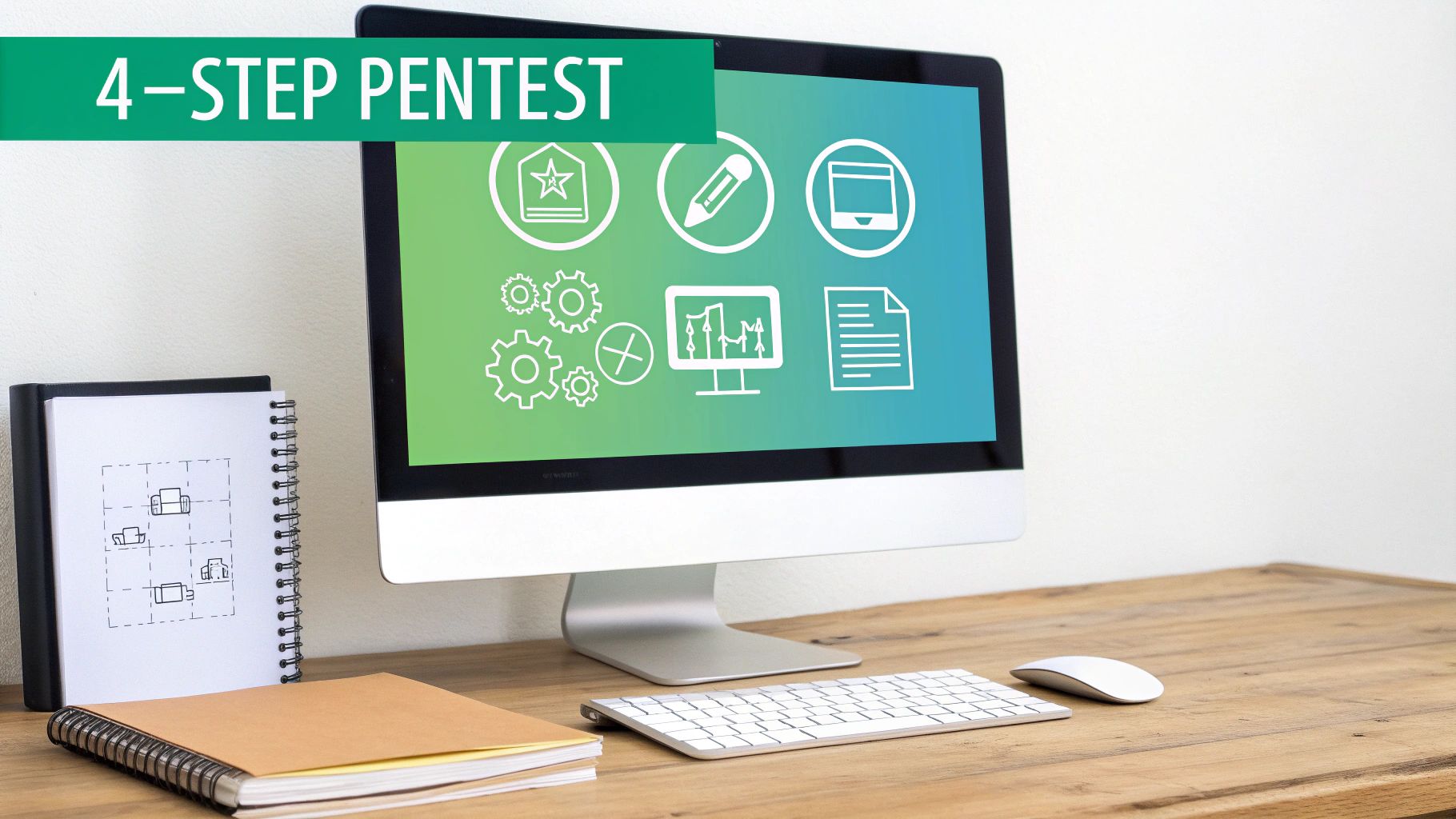 A computer monitor on a wooden desk displays various icons for a 4-step penetration test.