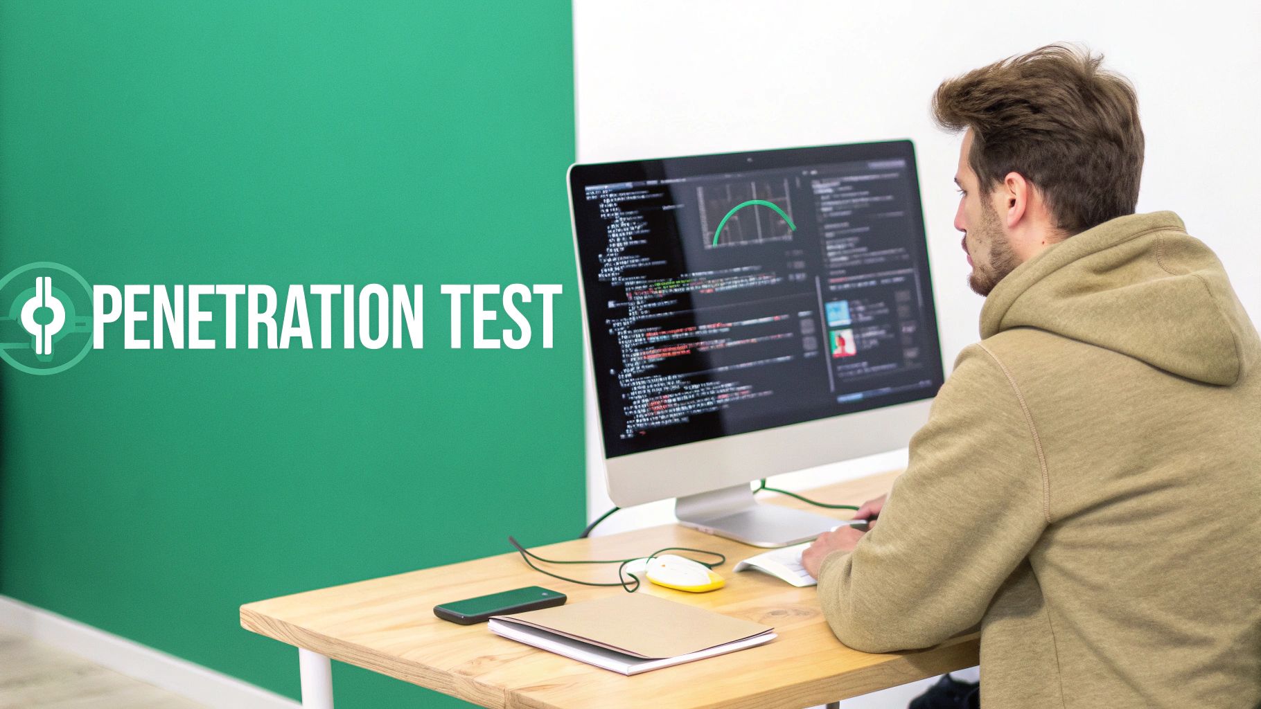 Man in a hoodie performing a penetration test on a computer, with code and graphs on screen.