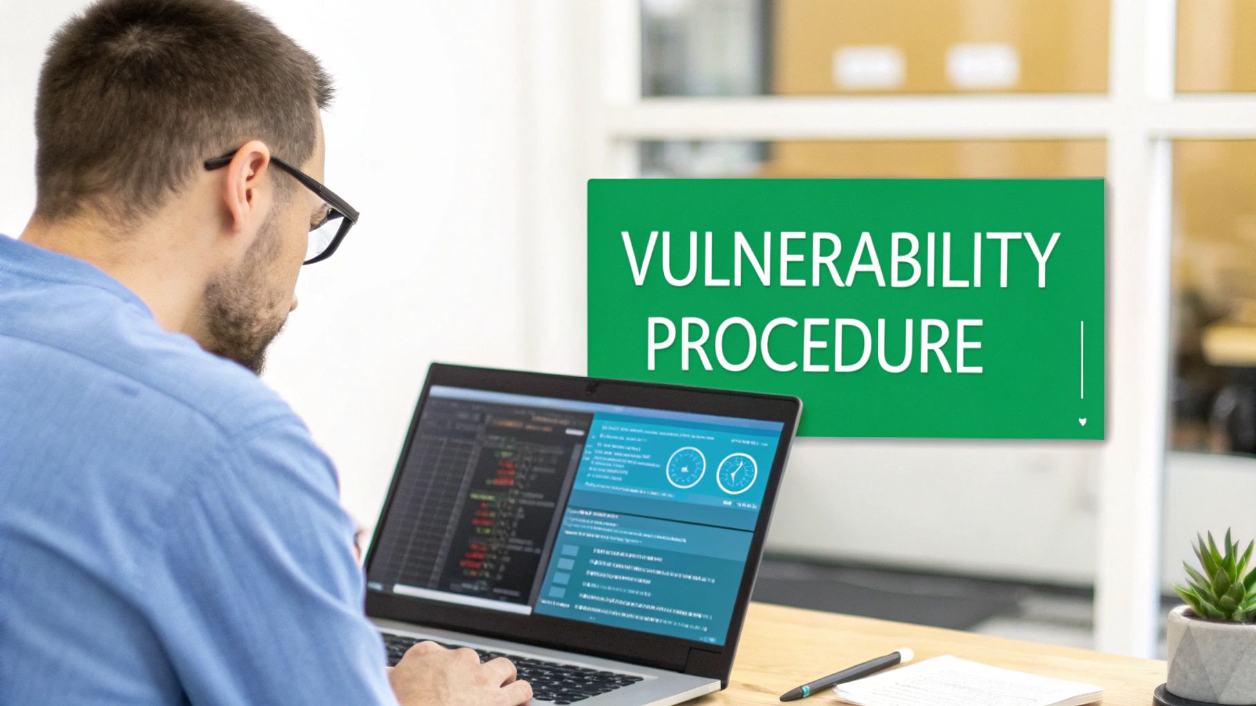 A man works on a laptop showing data, with a 'VULNERABILITY PROCEDURE' sign in the background.