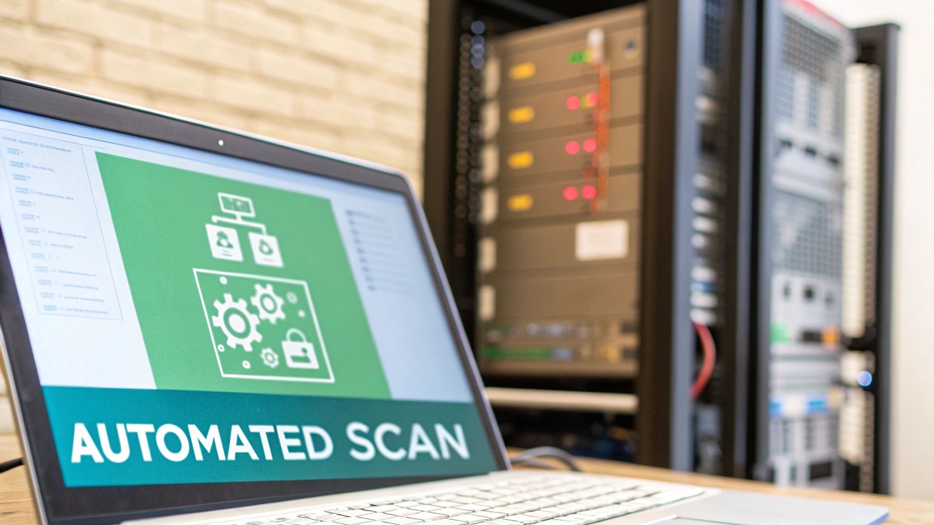 Laptop displaying 'AUTOMATED SCAN' graphic with security icons and server racks in a data center.
