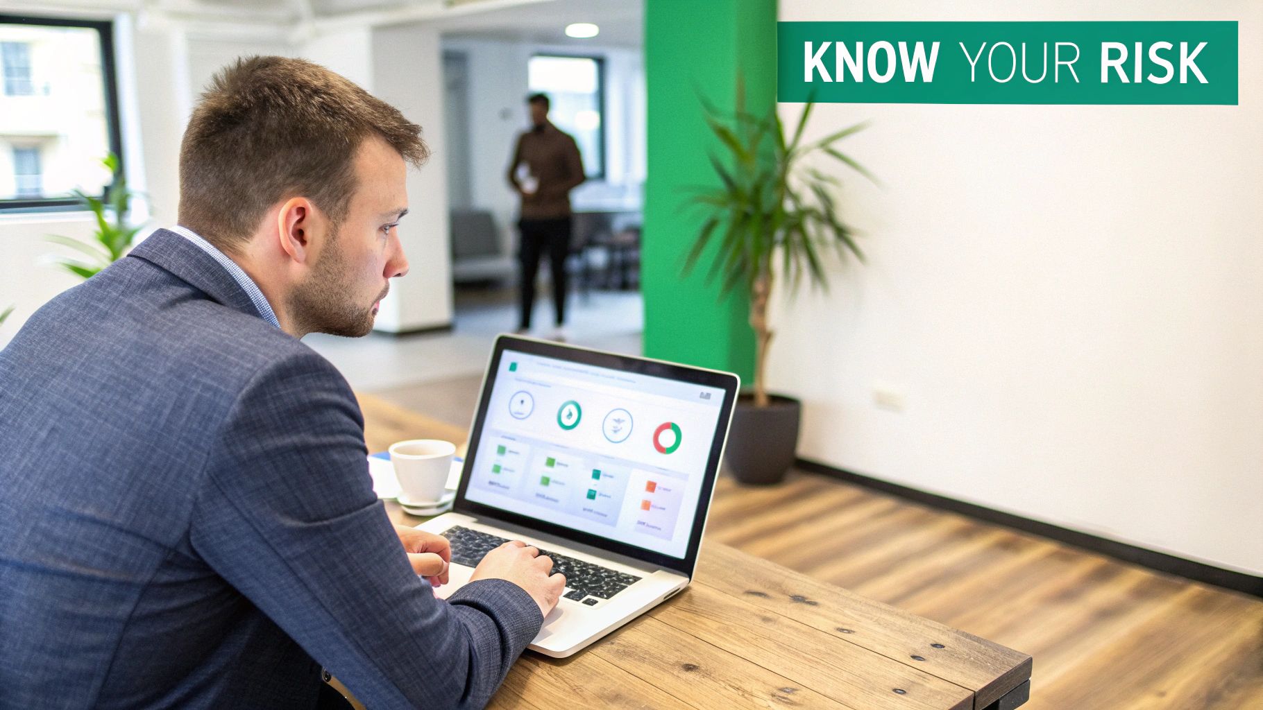 A man in a suit jacket works on a laptop showing data charts and a 'KNOW YOUR RISK' banner.