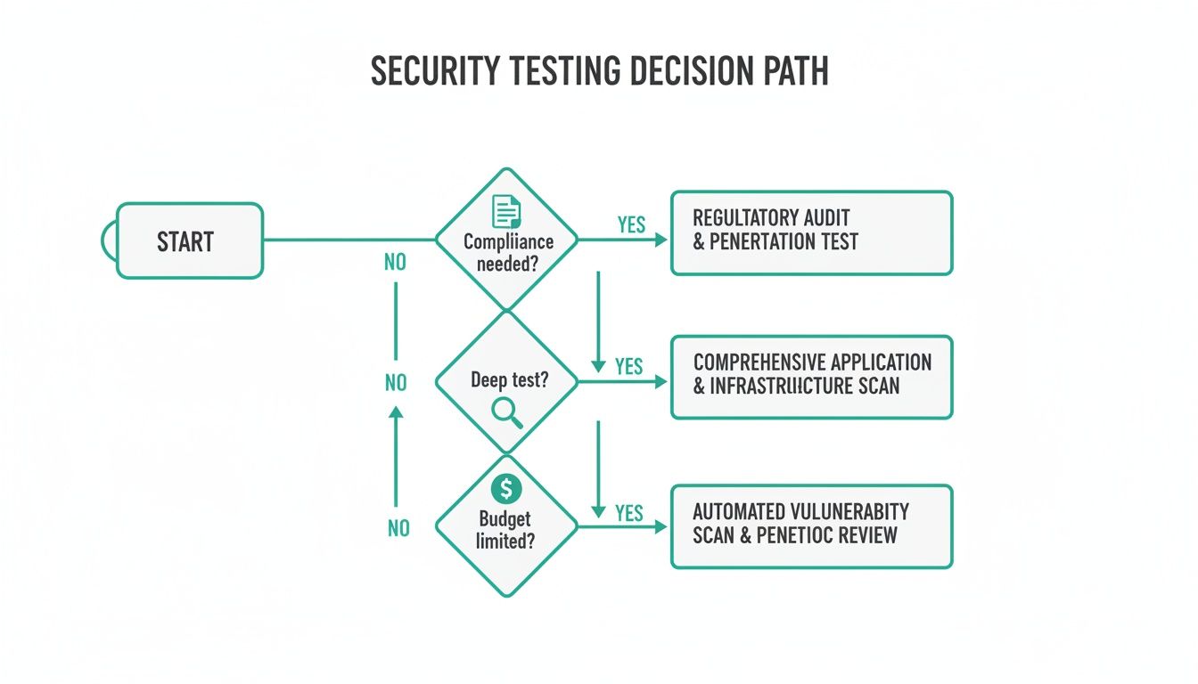 Flowchart detailing the security testing decision path, leading to different test types.