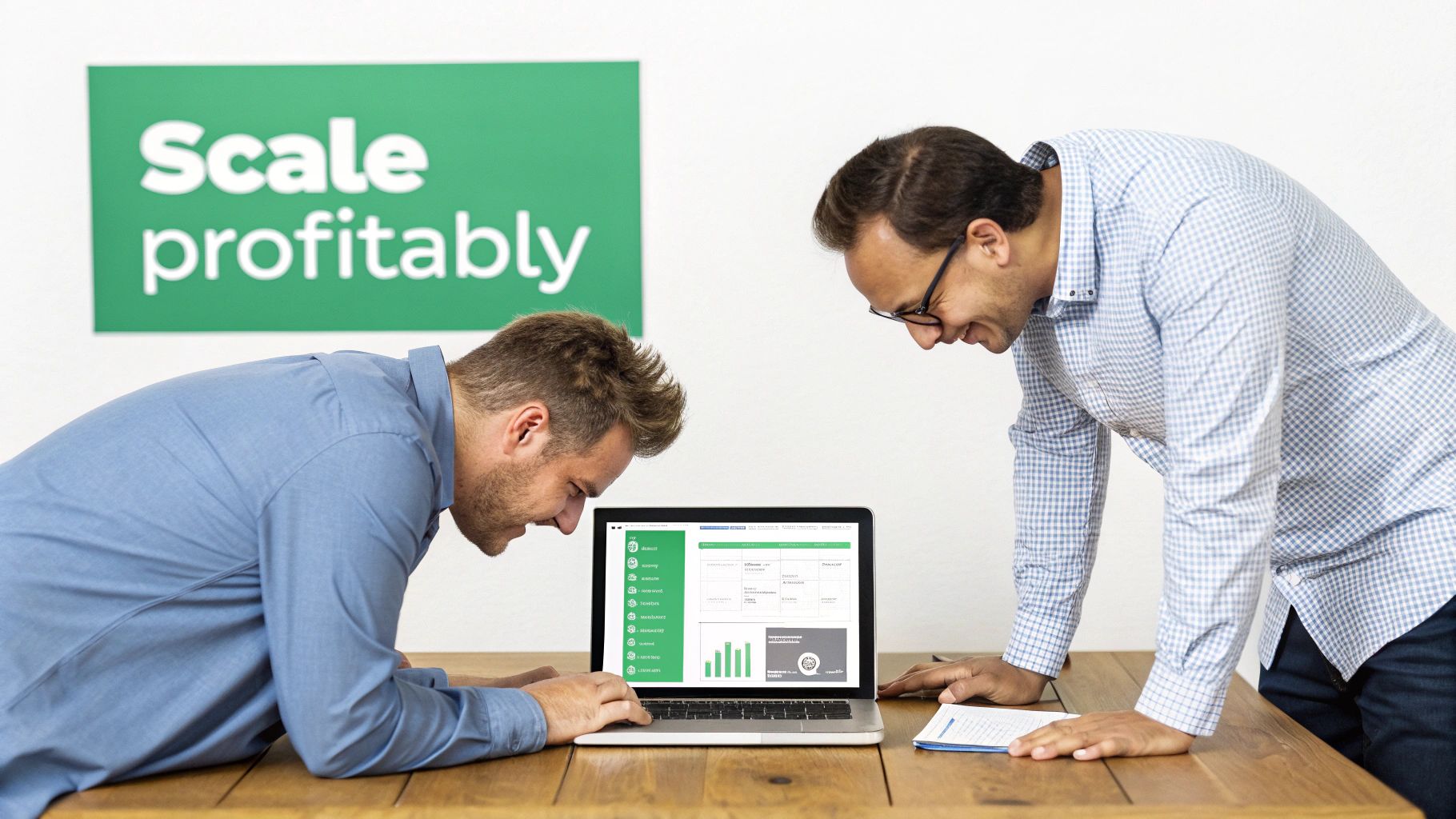 Two focused men analyzing data on a laptop, with a "Scale profitably" sign behind them.