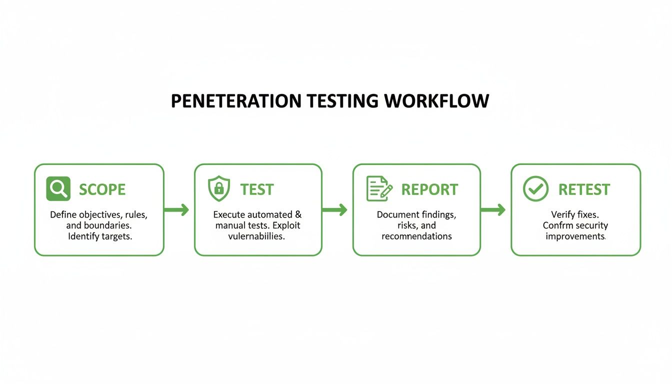 A penetration testing workflow diagram outlining four steps: Scope, Test, Report, and Retest for security improvements.