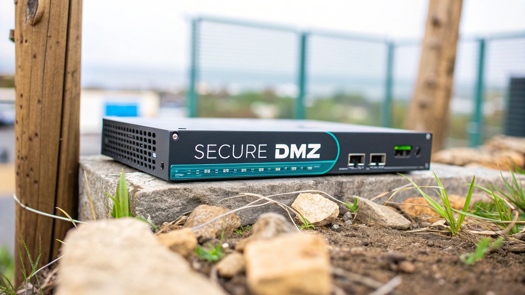 A black network security device labeled "SECURE DMZ" sits outdoors on a concrete block with grass.