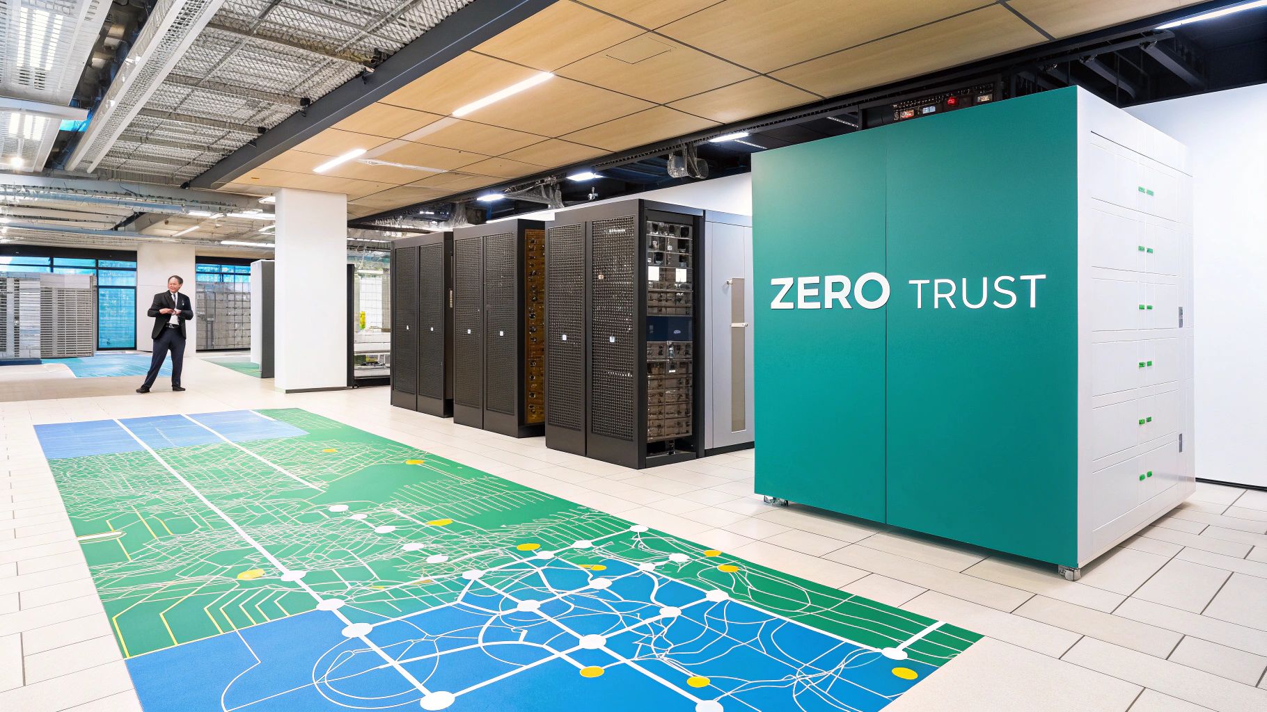 Three separate, color-coded network zones labeled 'DEV', 'TEST', and 'PROD' with firewalls between them.