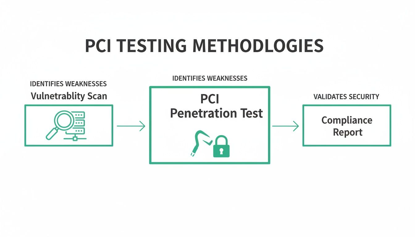 Flowchart depicting PCI testing methodologies: vulnerability scan, PCI penetration test, and compliance report for security validation.