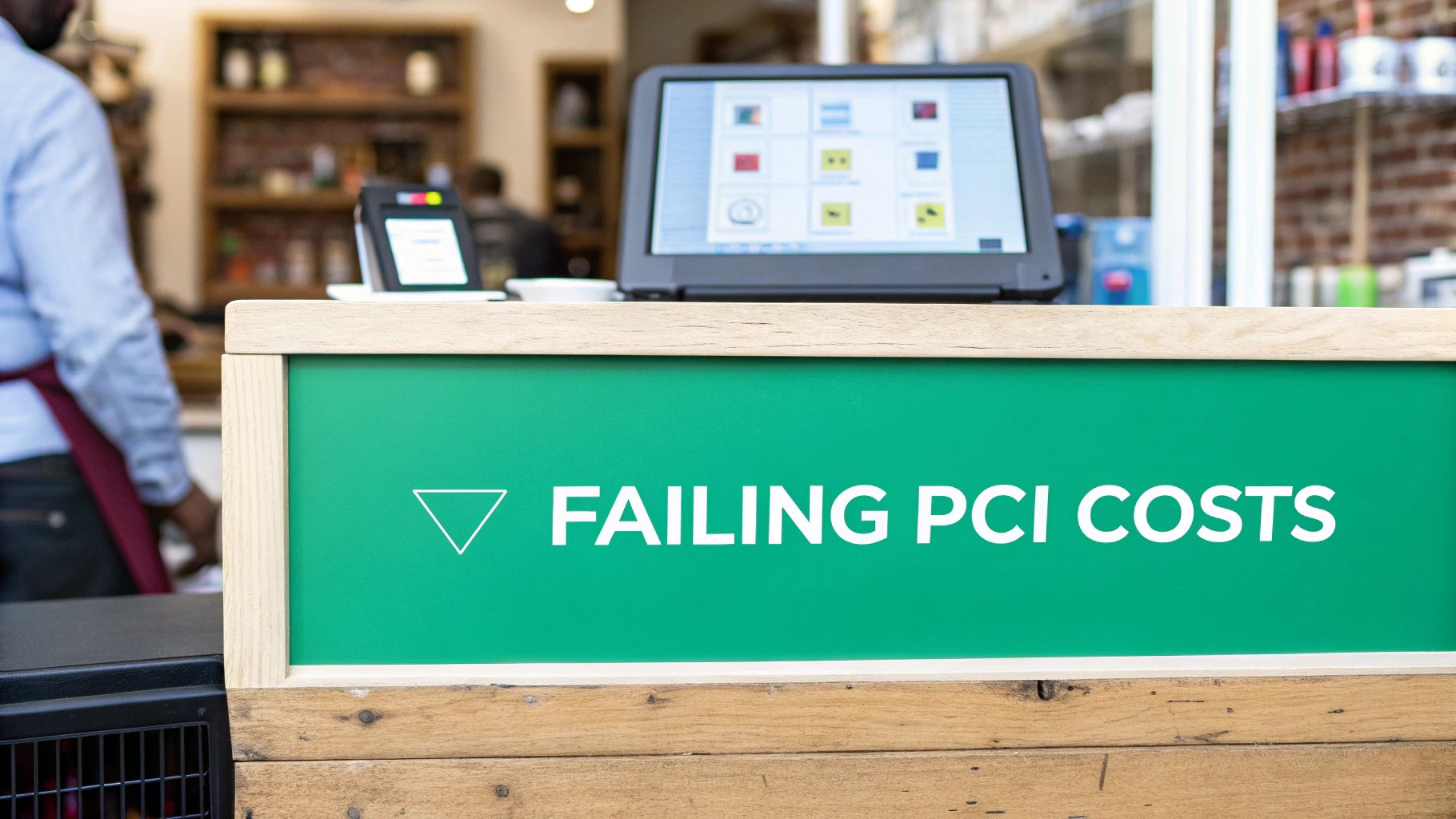 A vibrant green sign prominently displays 'FAILING PCI COSTS' with a downward triangle symbol, in a retail environment.