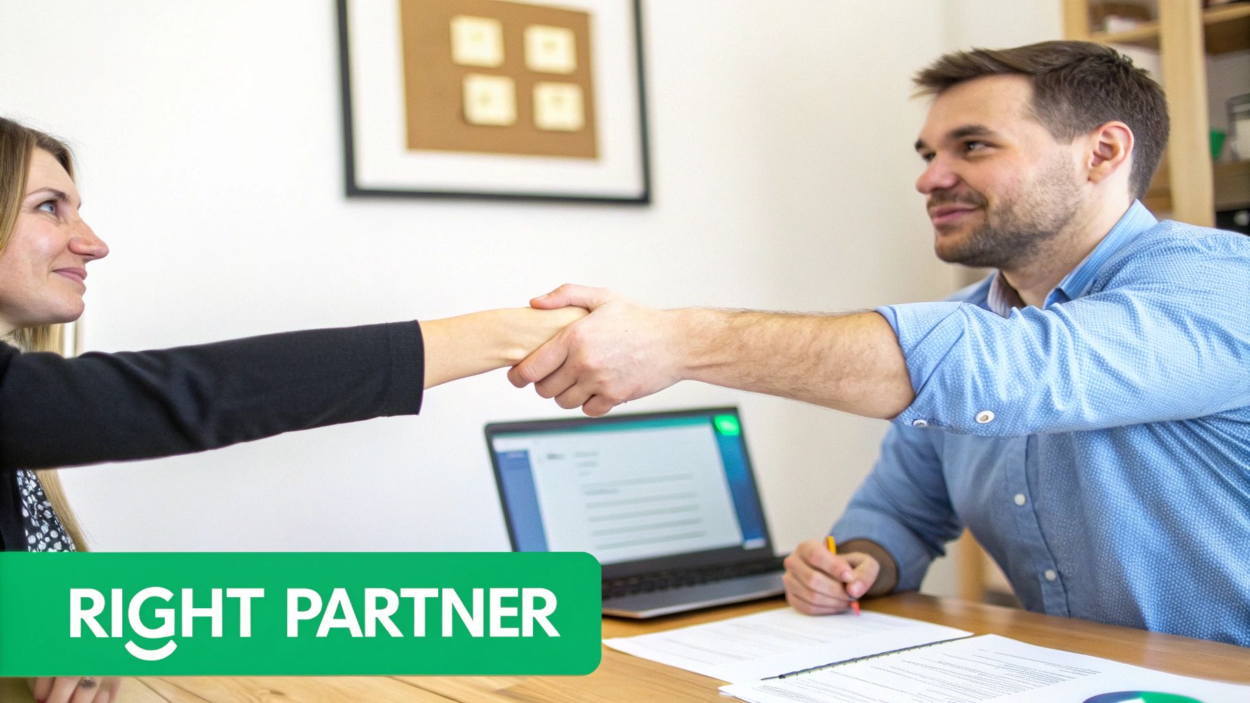 Two business professionals, a woman and a man, shake hands across a table in an office.