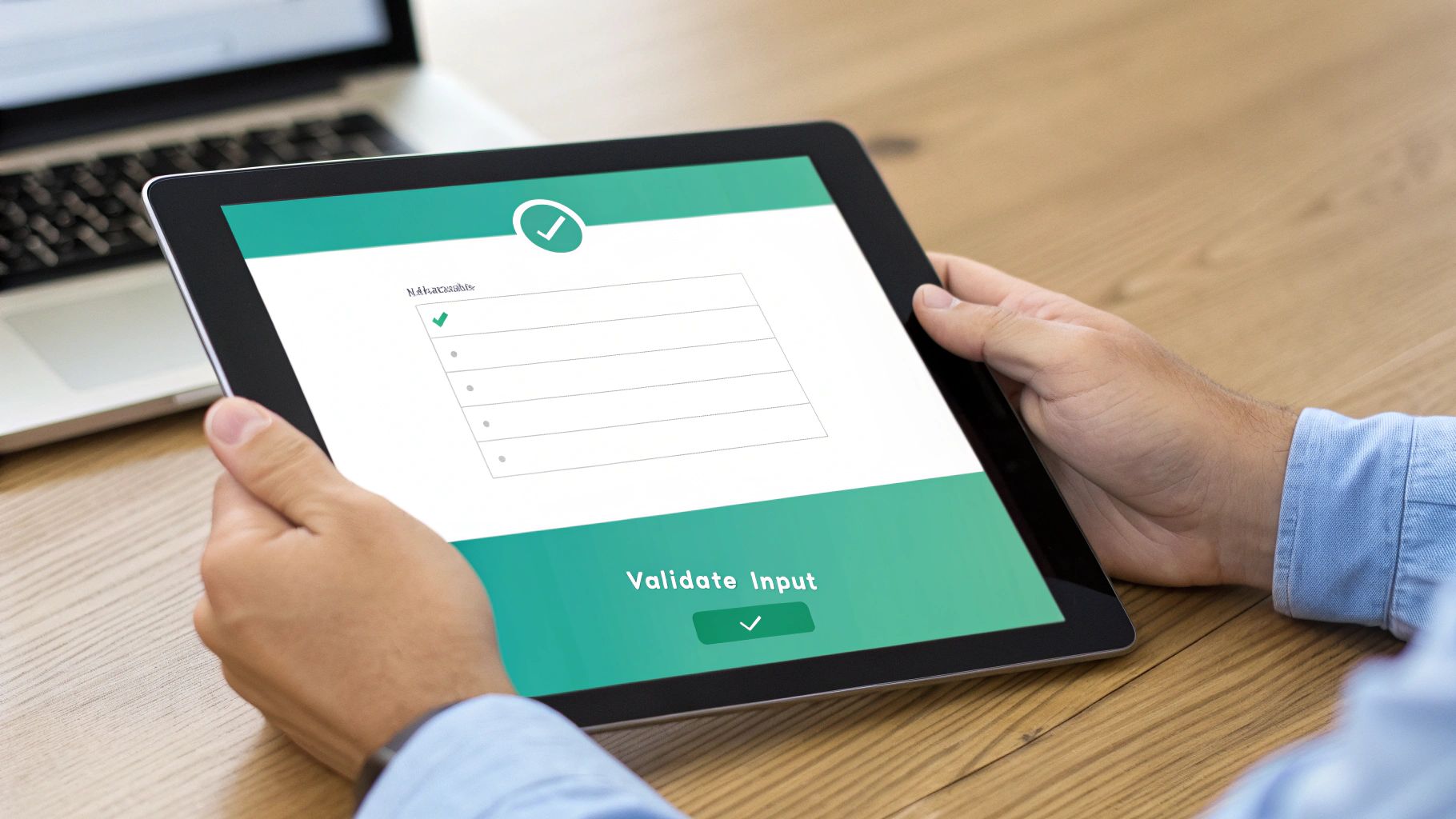 Hands holding a tablet displaying a form with input fields and a 'Validate Input' button.