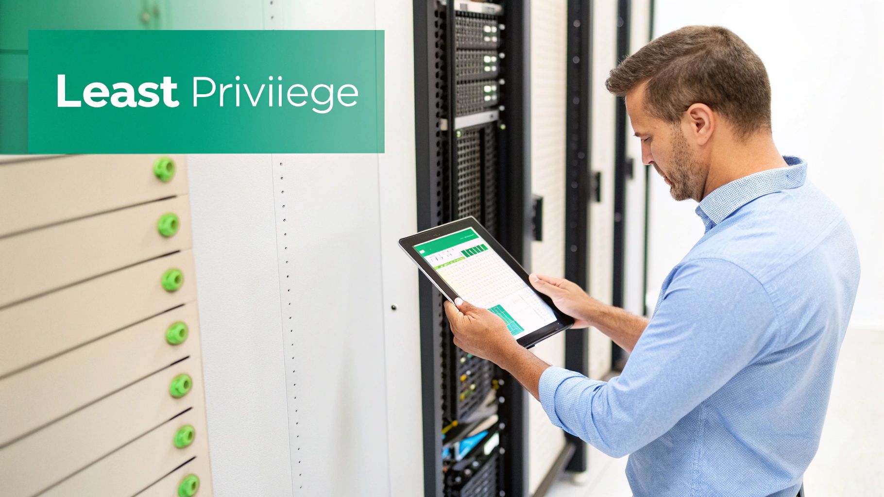 IT professional using a tablet to monitor data in a server room, highlighting 'Least Privilege' principle.