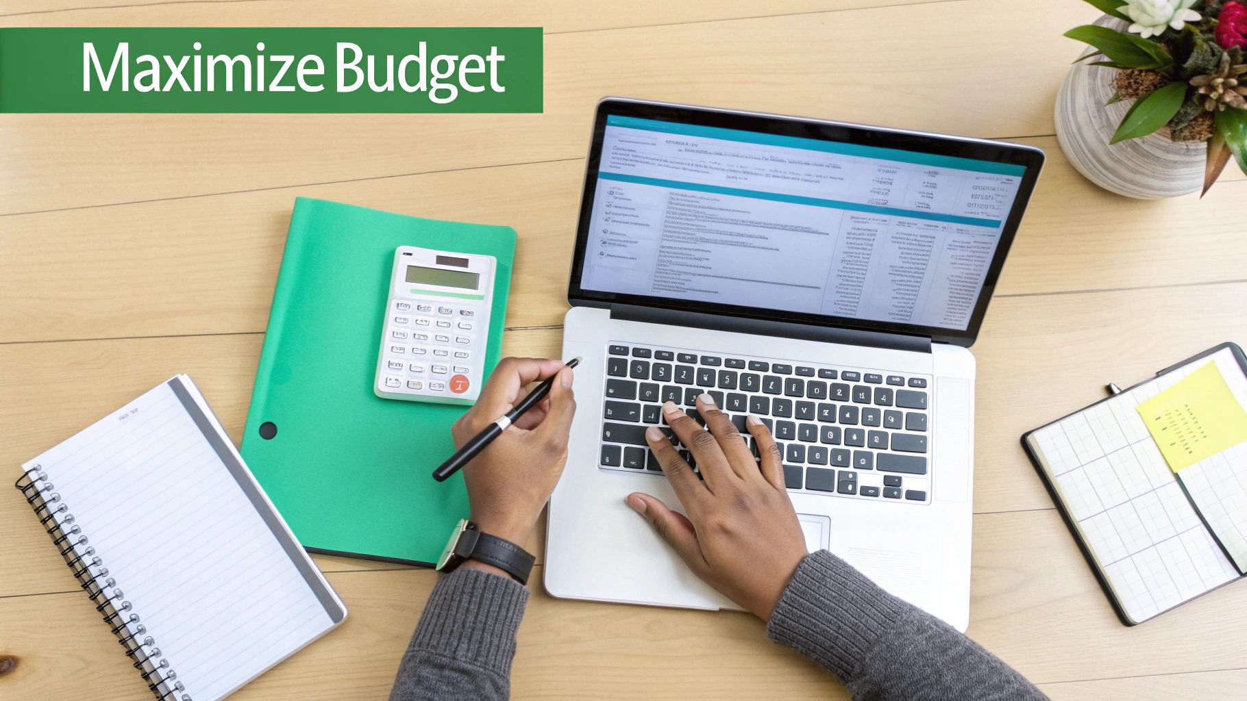 A person's hands typing on a laptop, with a calculator, notebooks, and 'Maximize Budget' text.