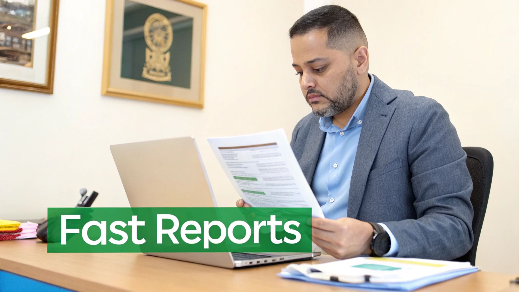Professional man reviewing 'Fast Reports' documents at a desk with a laptop in an office.
