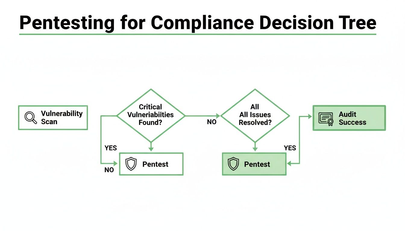 A flowchart detailing a pentesting for compliance decision tree, starting with vulnerability scans and leading to audits or pentests.