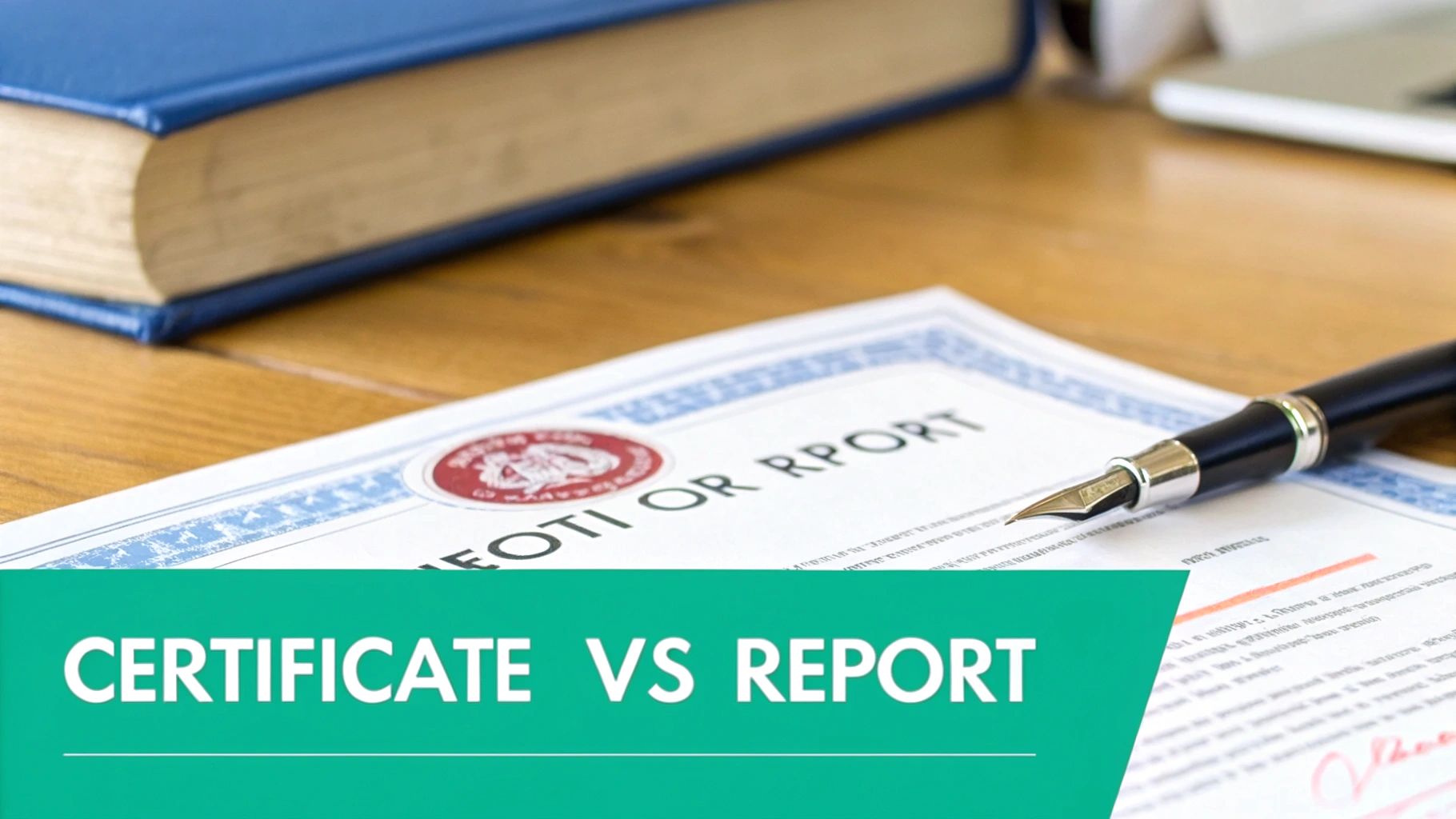A certificate and report document with a pen and a book on a wooden desk, comparing both.