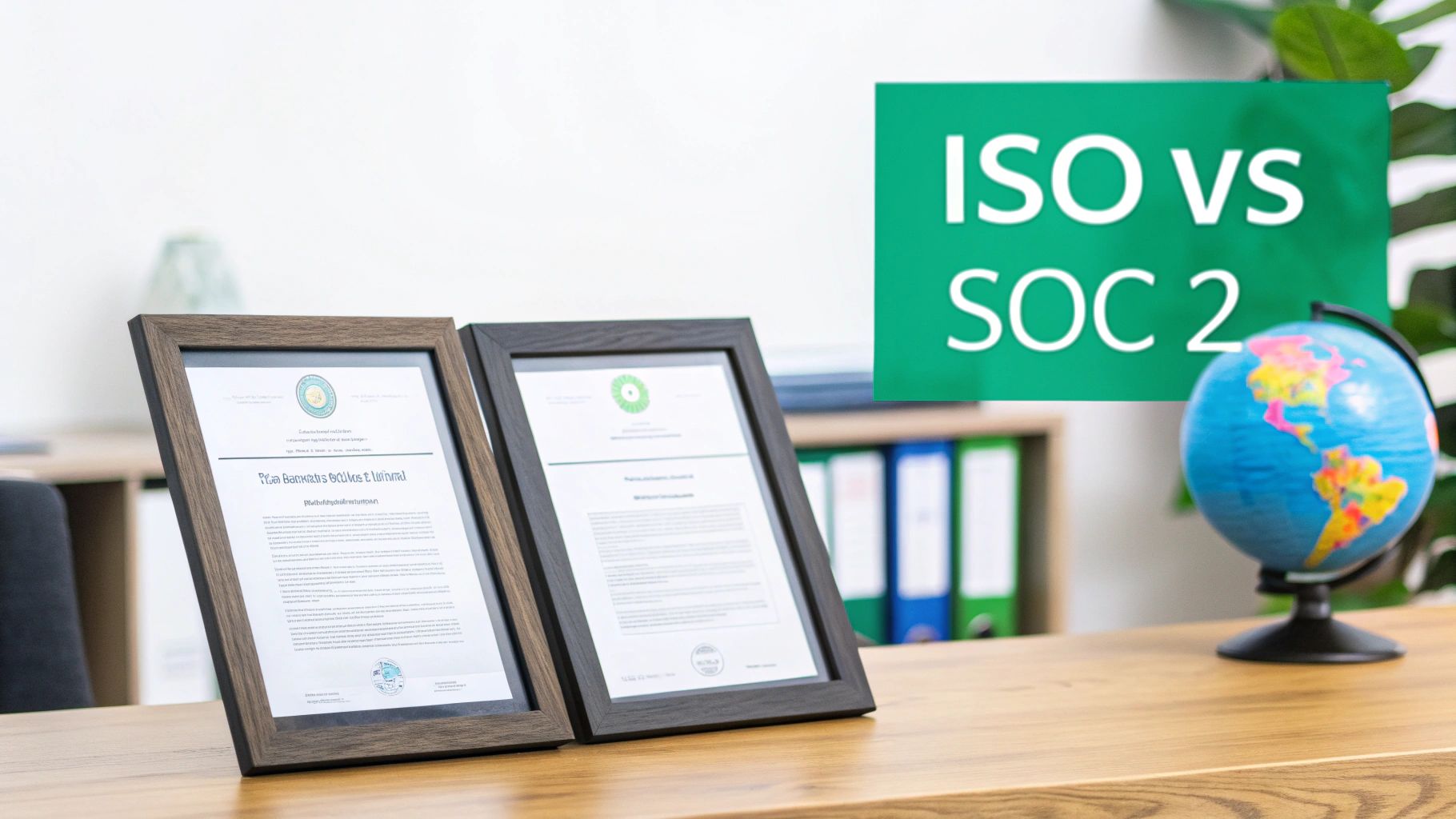 Office desk with two framed compliance certificates, a globe, and an 'ISO VS SOC 2' sign.