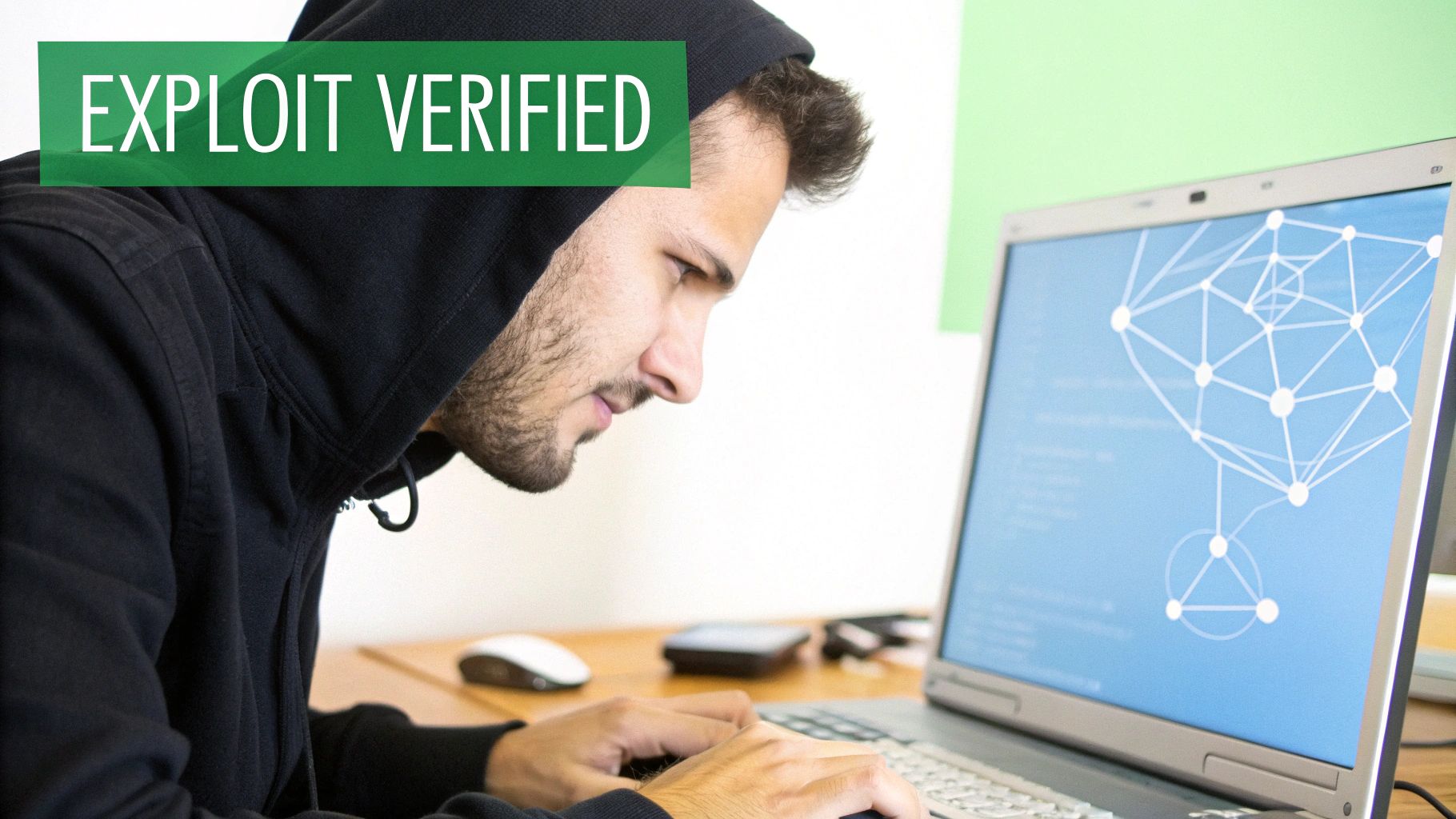 A person in a black hoodie intently typing on a laptop displaying a network diagram and 'EXPLOIT VERIFIED' text.