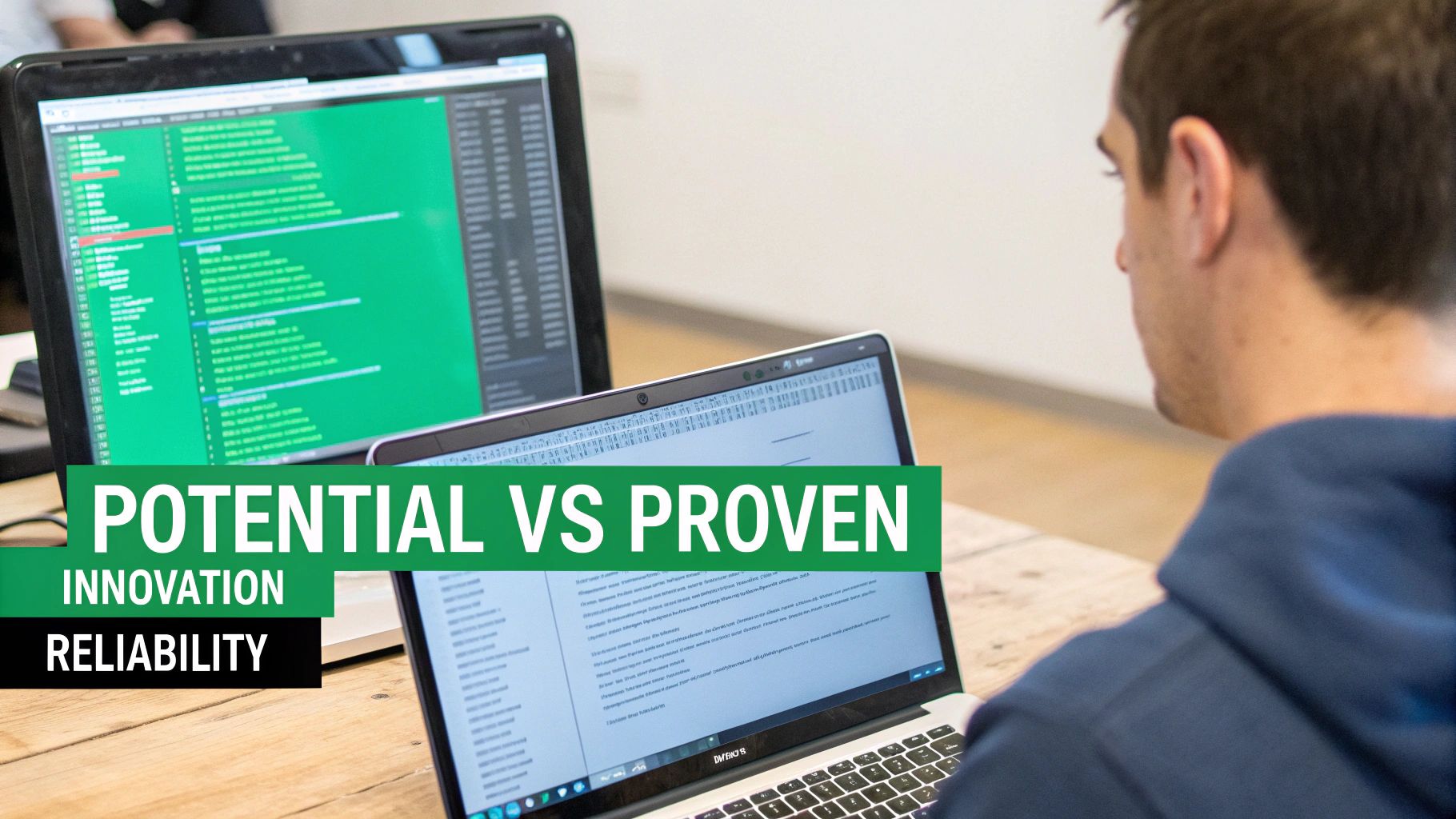 A person coding on a laptop, with another monitor showing code, and text overlays.