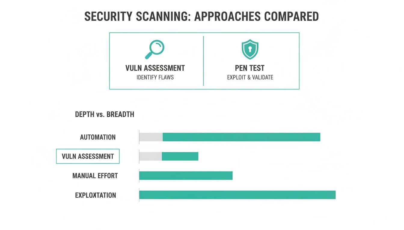 Chart comparing vulnerability assessment and penetration test methods across automation, manual effort, and exploitation.