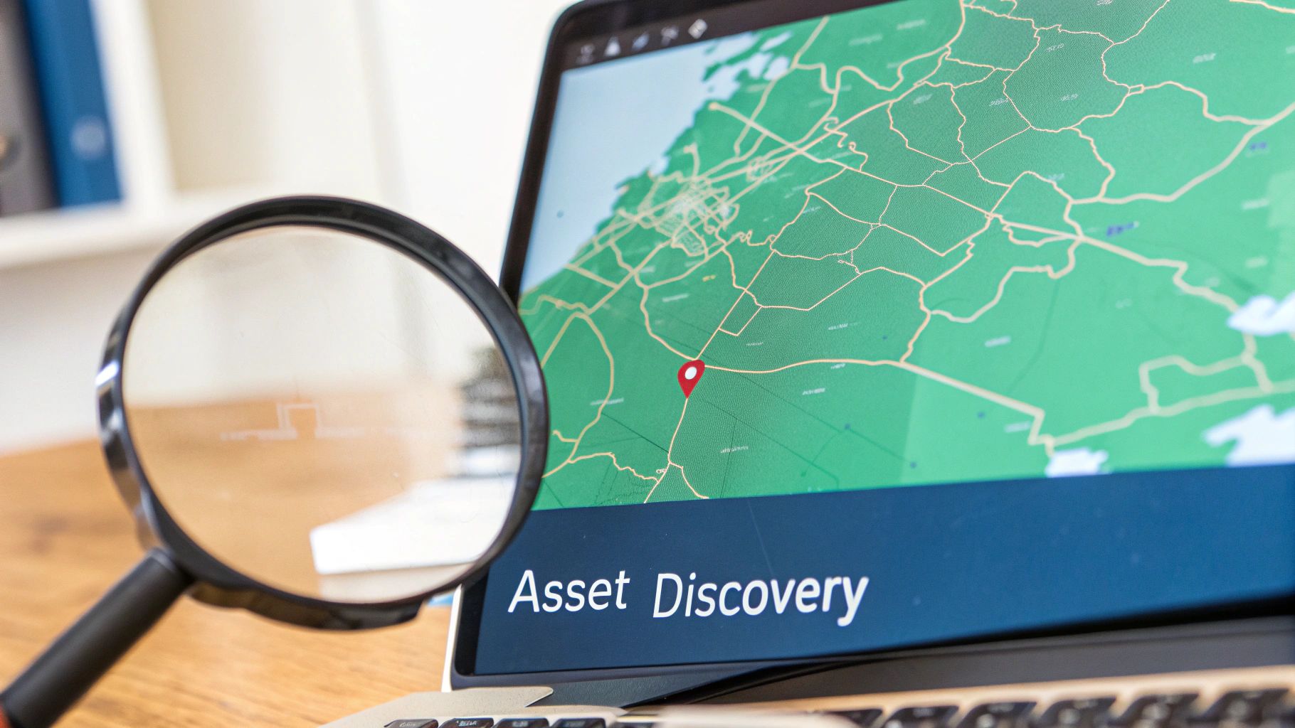 Laptop screen shows a map with a red pin, a magnifying glass, and 'Asset Discovery'.