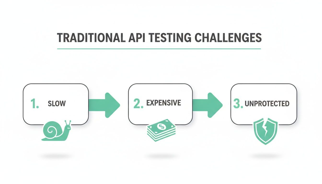 Infographic illustrating traditional API testing challenges: slow, expensive, and unprotected, with corresponding icons.
