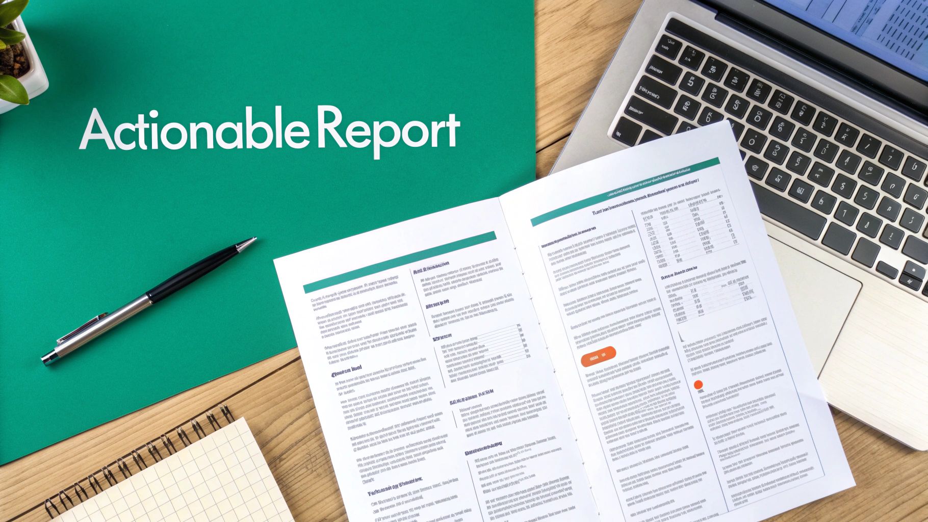 Flat lay of a modern workspace with a green paper titled 'Actionable Report', an open document, laptop, and pen.