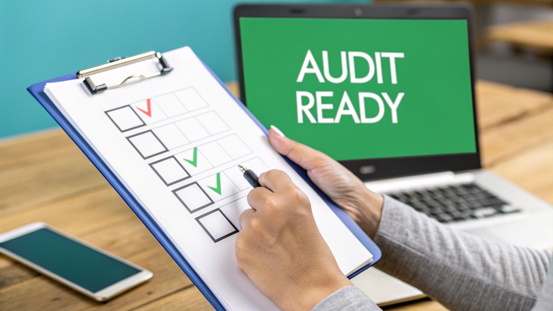 A person reviews an audit checklist on a clipboard with a pen, next to a laptop displaying 'AUDIT READY'.
