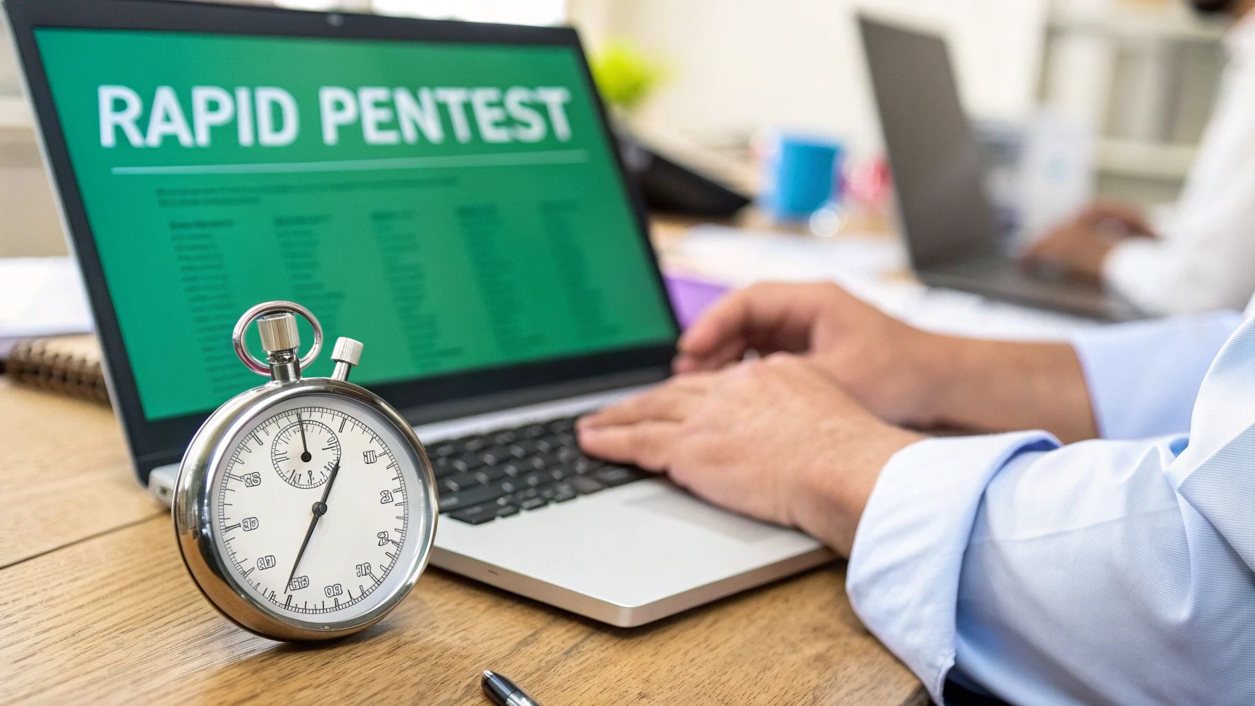 A person performs a rapid penetration test on a laptop, with a stopwatch on a wooden desk.