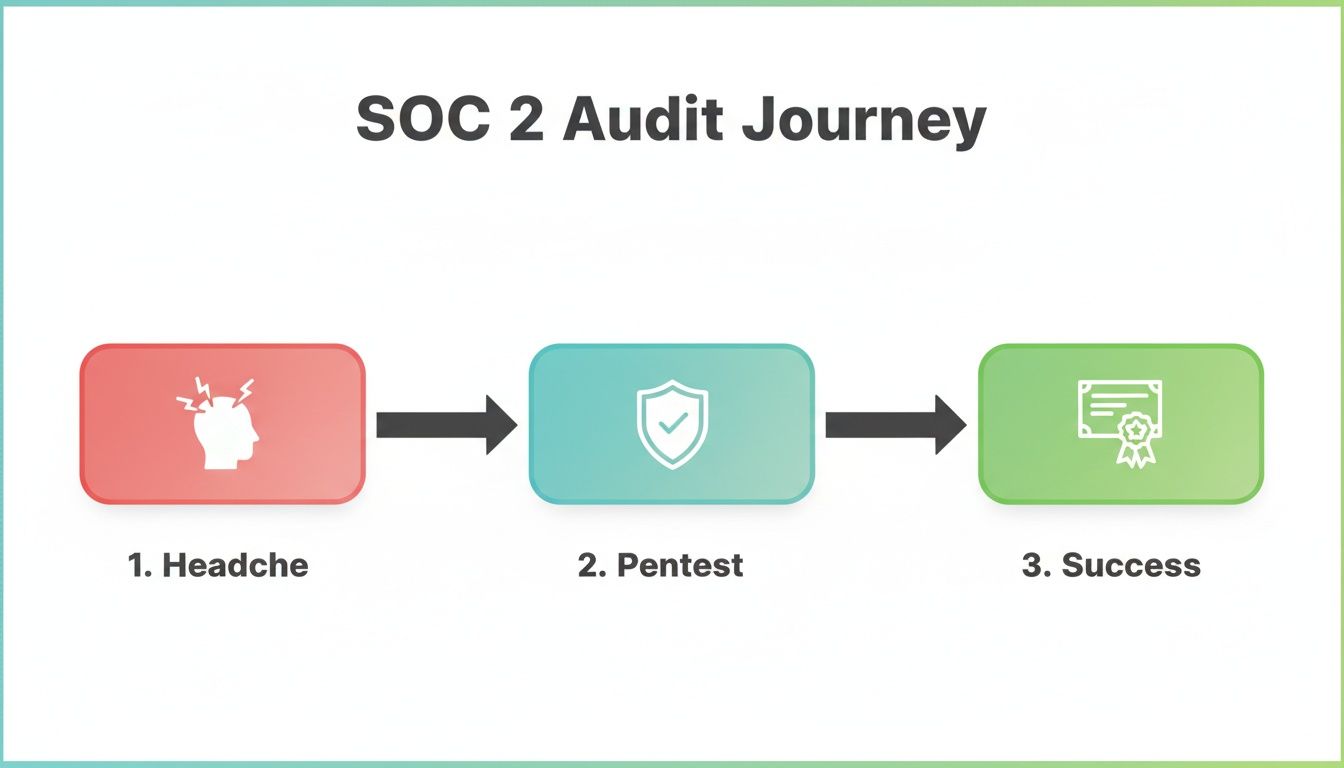 Infographic illustrating the SOC 2 audit journey, showing steps from headache, to pentest, to success.