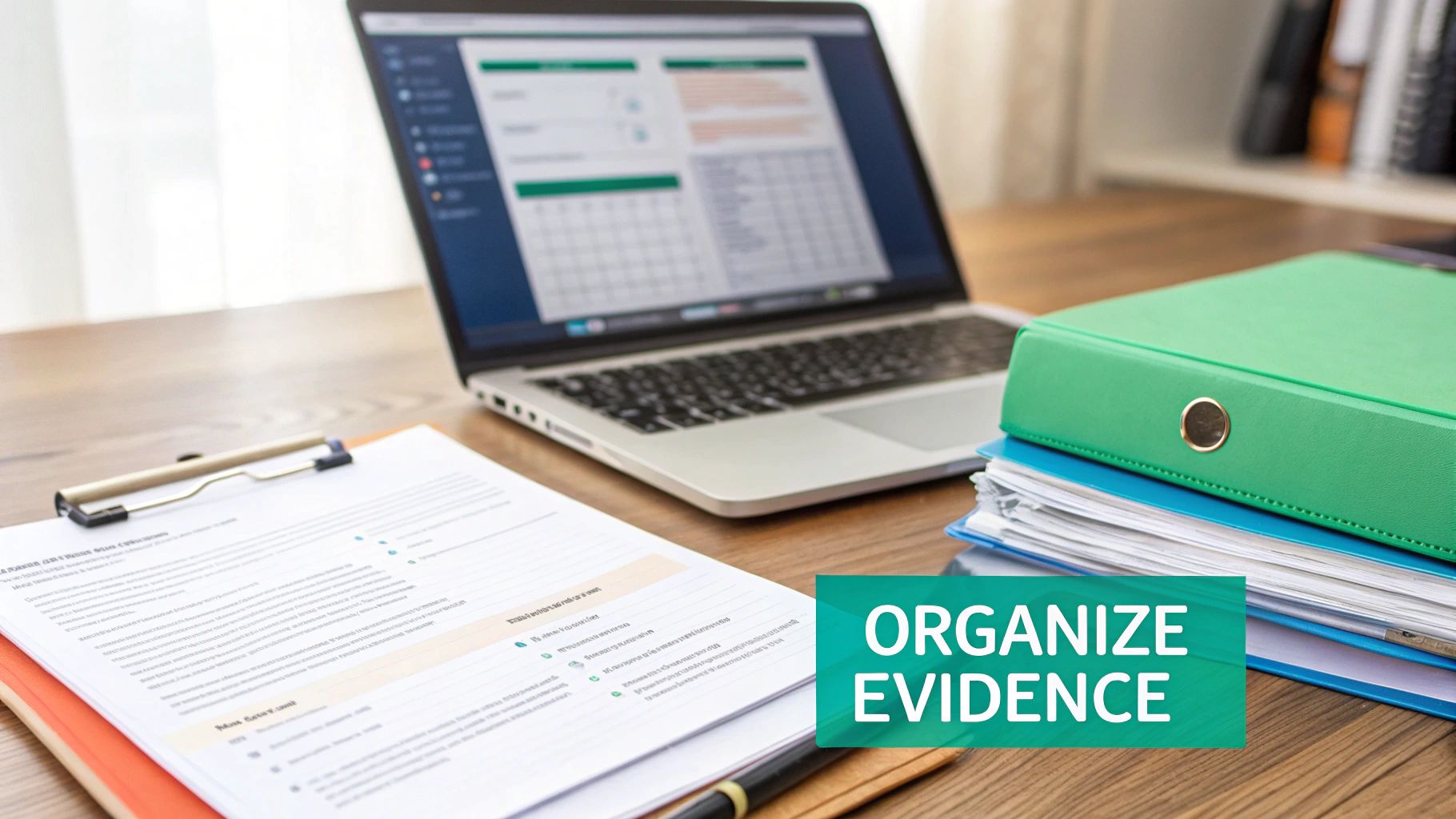A desk with a laptop, documents on a clipboard, and stacked binders, with a banner 'ORGANIZE EVIDENCE'.