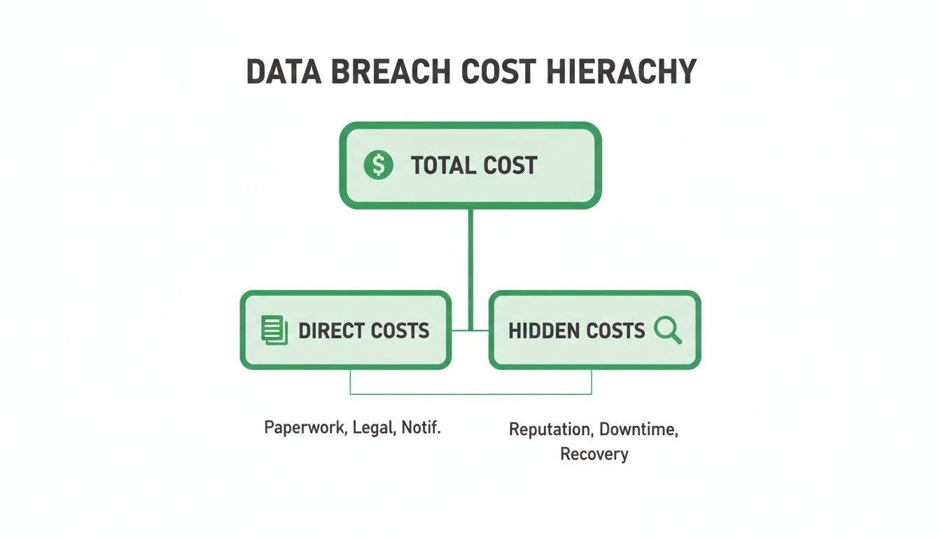 Hierarchy diagram illustrating the total costs of a data breach, distinguishing between direct and hidden expenses.