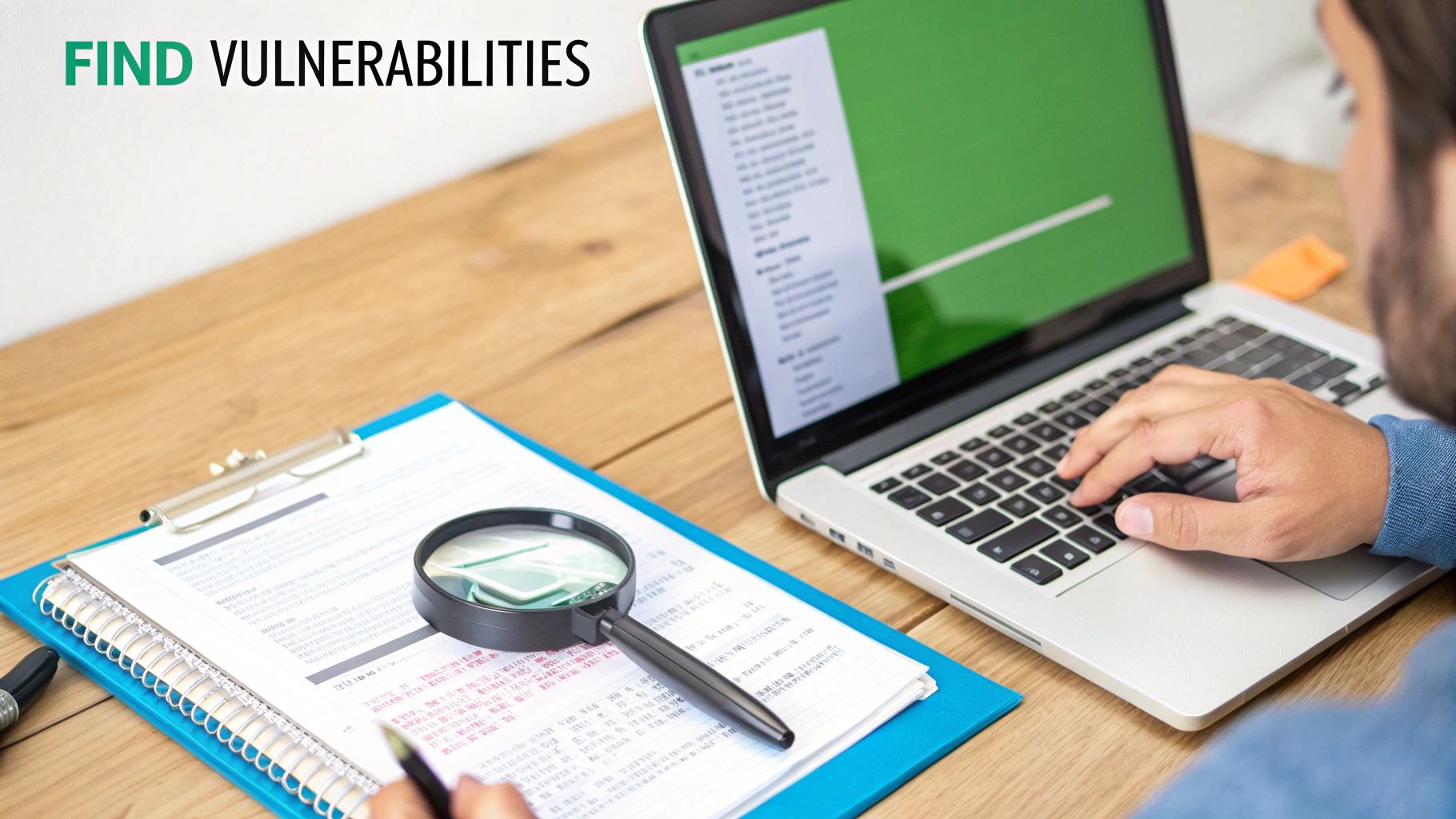 A person types on a laptop with a green screen, reviewing documents with a magnifying glass to find vulnerabilities.