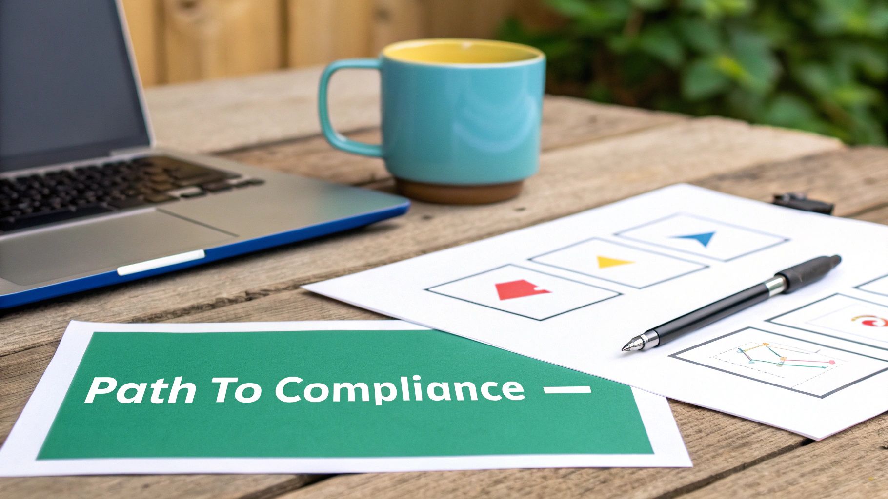 A wooden desk with a laptop, a mug, and documents, one displaying 'Path To Compliance' text.