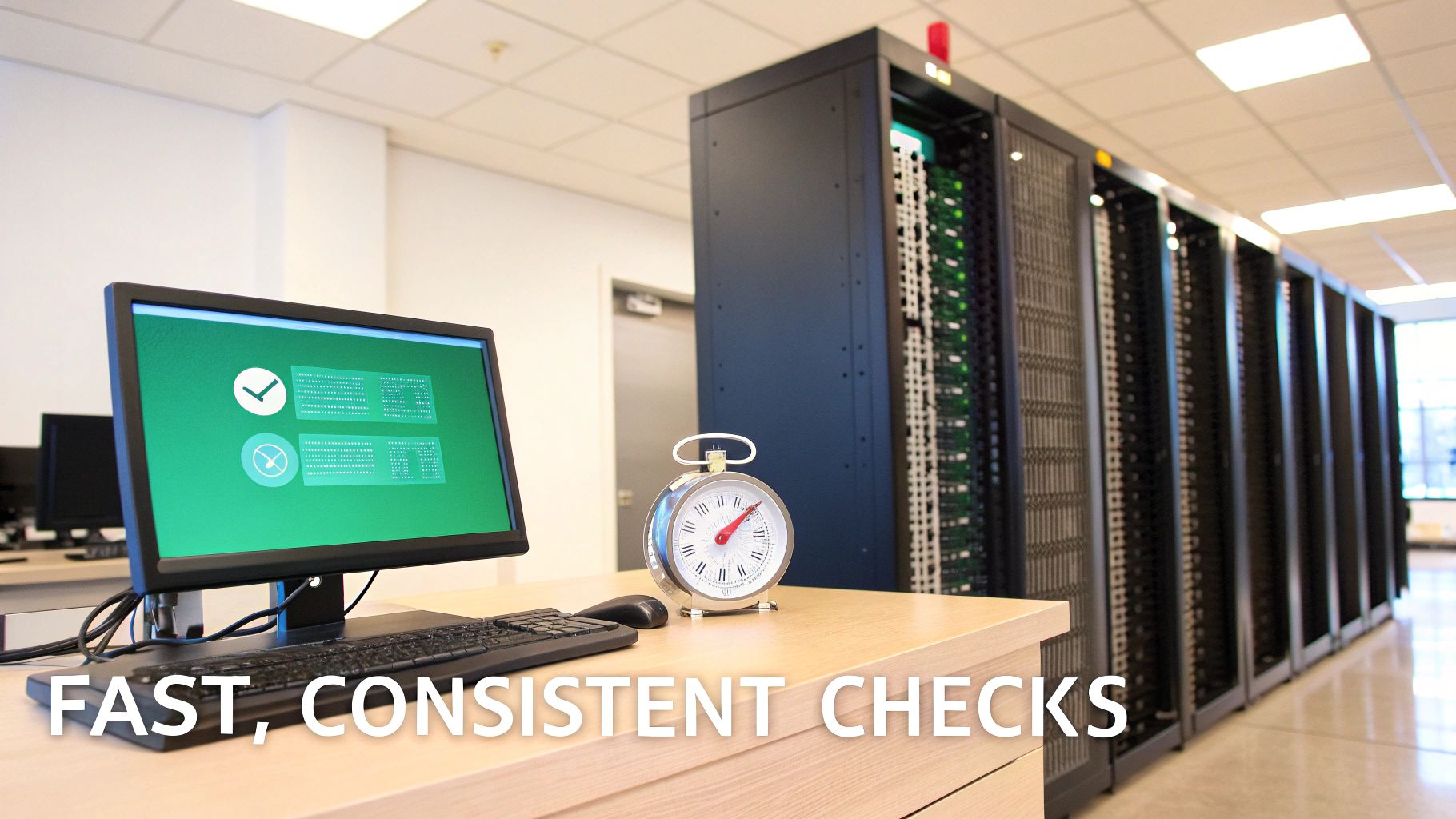 A monitor displays successful system checks with a clock, symbolizing fast, consistent performance in a server room.